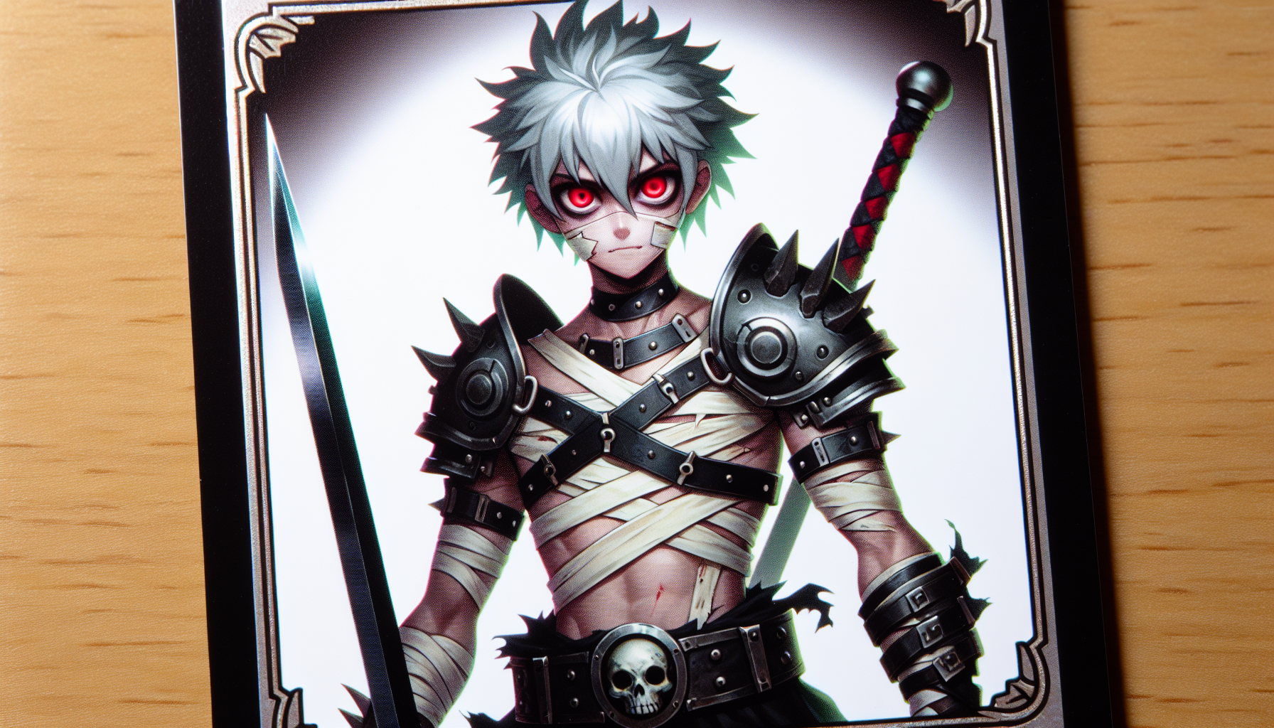 Zombie joven guerrero, ojos rojos de yugi muto, pelo blanco erizado, peto negro gladiador con placas metálicas, tiene vendajes en el cuerpo y una espada negra carta de Yu-Gi-Oh fondo simple brillo mate