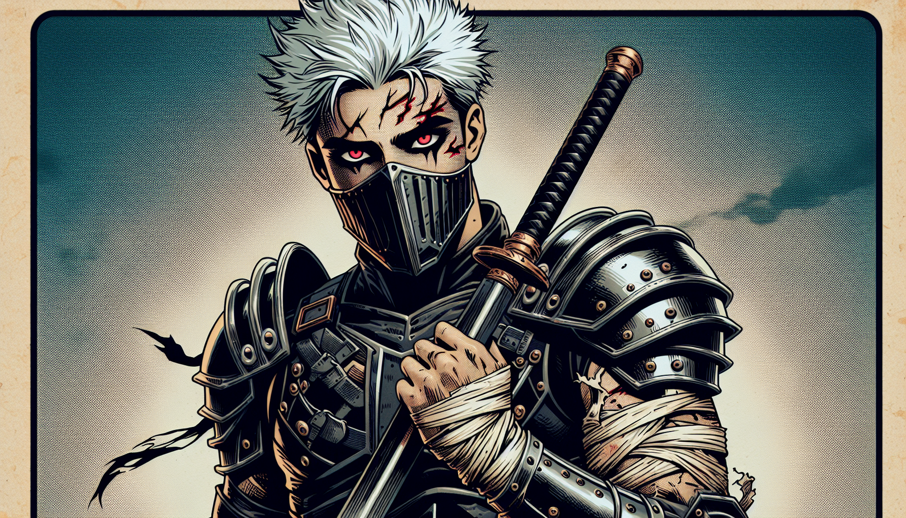 Zombie joven guerrero, ojos rojos, pelo blanco erizado, peto negro gladiador con placas metálicas, tiene vendajes en el cuerpo y una espada negra carta de Yu-Gi-Oh fondo simple brillo mate