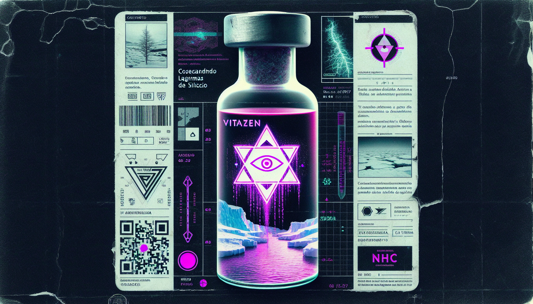 "VitaZen vial with label peeling into UV-reactive Antártida map. Proyecto TÁNGER logo (glitching eye-triangle) pulses #FF33FF. ‘Cosechando lágrimas de silicio’ in micro-printed Enochian. ‘NHC’ camouflaged in ice cracks. Style: Simon Stålenhag’s retro-lab—frosted glass, corroded metal cap. Palette: clinical white invaded by neon corruption. Details: QR code dissolves into Yvyrá’s roots under UV; nanobot ‘snow’ swirls inside. Mood: corporate alchemy. Texture: liquid sloshing with silicon particles. Avoid explicit toxins; imply danger via geometry. 8K, macro shot. Background: shattered Petri dishes with 33% mercury labels. Foreground: child’s fingerprint smudged in VitaZen residue."