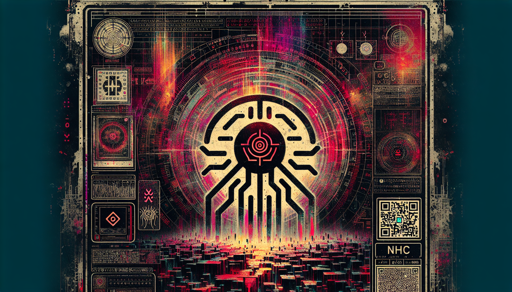 "Digital collage, occult-tech aesthetic. A distorted Reddit logo with legs shaped into the ꓵ symbol. Borders adorned with charrúa hieroglyphs glowing #FF33FF. Background: fractal equations and a Tamagotchi devouring a neon town. Signature 'NHC' hidden in a QR-like glyph. Style: retro propaganda poster meets cosmic horror. Textures: corroded metal, UV-reactive ink splatters. Palette: blood red, void black, acid yellow. Details: Micro-text lists '34°28' S, 57°51' O' in Enochian. Particles: silicon dust forming '33'. --ar 4:3 --v 6"