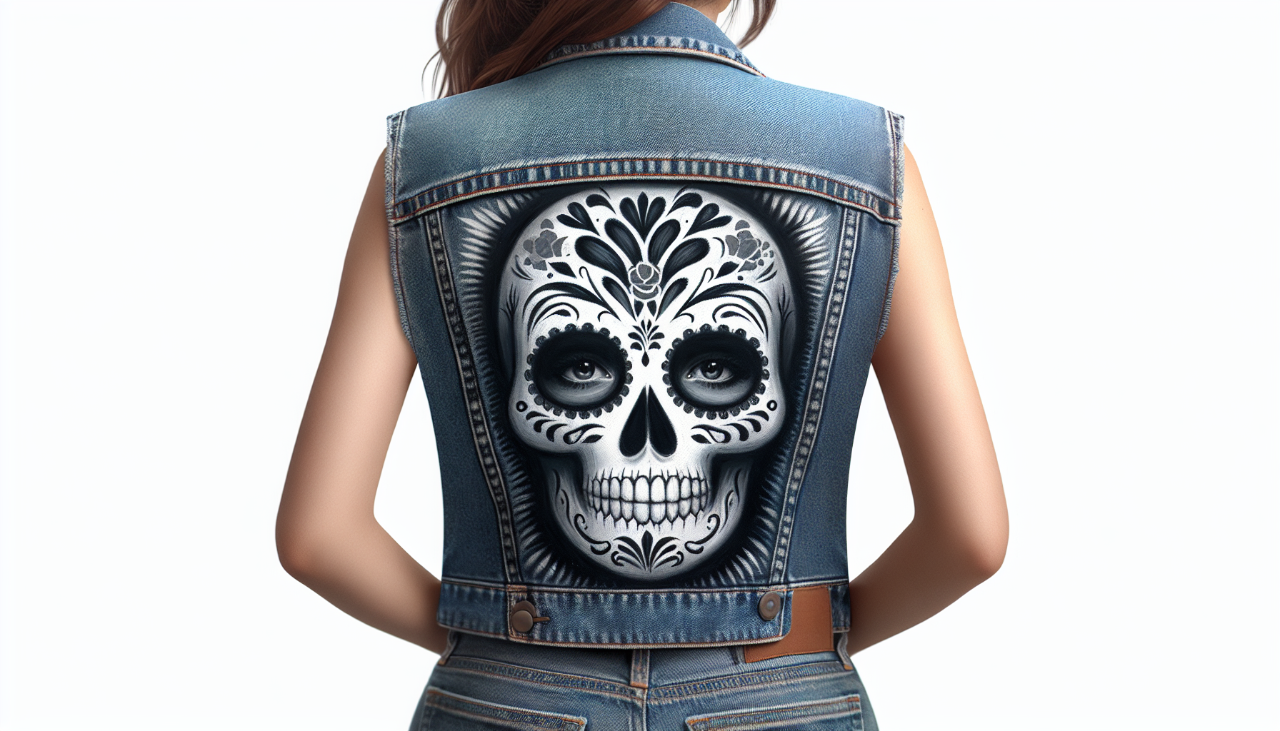 chaleco de mujer pintado a mano con el dibujo de una catrina, el chaleco en tela vaquera y que la imagen sea realista, que el dibujo este en la parte de atras y que parezca que el chaleco es real que es una foto y que a sido pintado a mano de verdad
