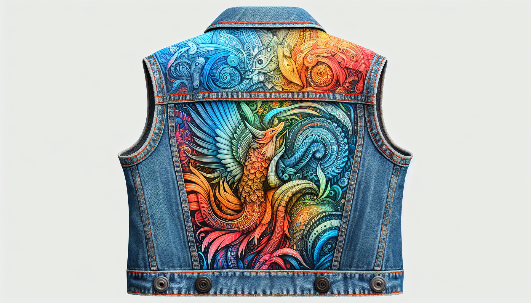 chaleco de mujer pintado a mano con dibujos llamativos y coloridos, el chaleco en tela vaquera y que la imagen sea realista, que el dibujo este en la parte de atras y que parezca que el chaleco es real que es una foto y que a sido pintado a mano de verdad
