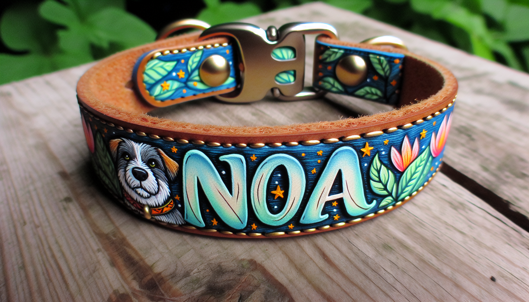 crea imagen de un collar de perro pintado a mano con el nombre de noa 
