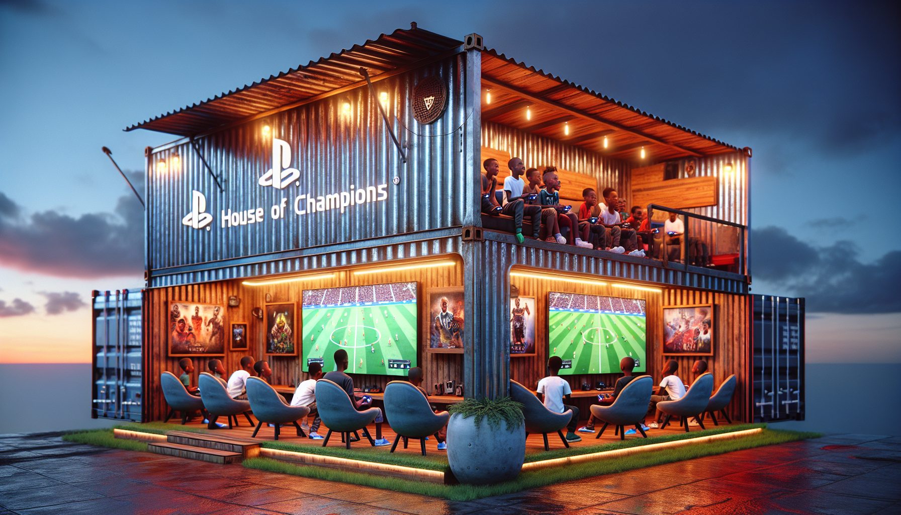 A modern gaming station named 'HOUSE OF CHAMPIONS,' repurposed from a shipping container. The exterior is sleek metal with a wooden theme, featuring wooden doors, window frames, and a small wooden porch with cozy seating. The interior is visible through the windows, showing kids playing PS5 on large gaming monitors with LED lighting. The atmosphere is inviting with glowing gaming setups, comfortable gaming chairs, and posters of popular games. The environment is lively, with a well-lit and welcoming ambiance - Tanzanian vibe, Some picture portraits of famous footballers eg Mbappe, Neimar, Ronaldo, Vinicius Jr., Modric  and the PS logo on the outside walls of this station. Make it feel realistic 
