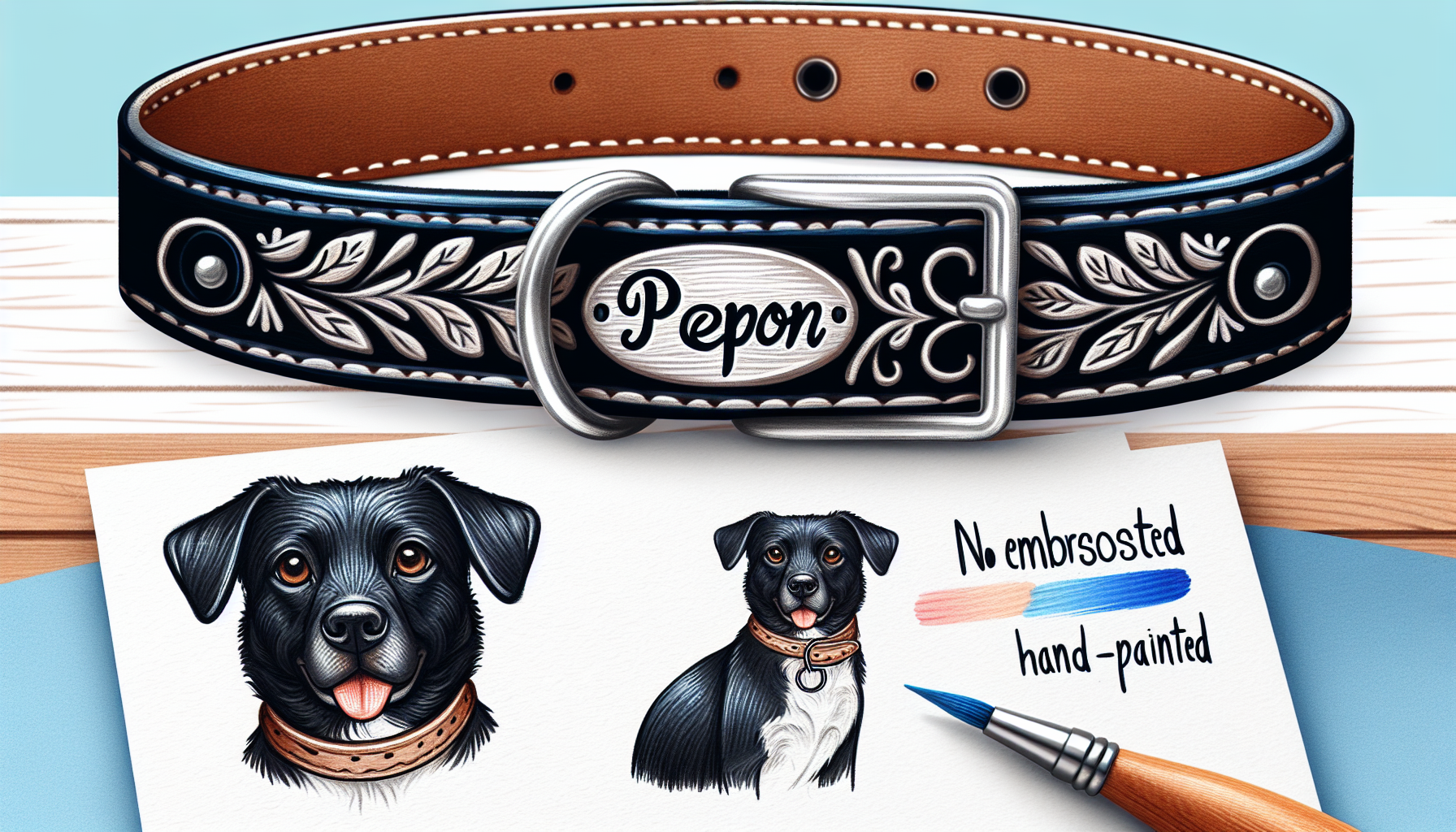 crea imagen de un collar de perro pintado a mano con el nombre de Pepon , que no haya nada de lo pintado en relieve para que parezca que realmente a sido pintado a mano, salga el dibujo de un perrito negro con ojos marrones en el collar

