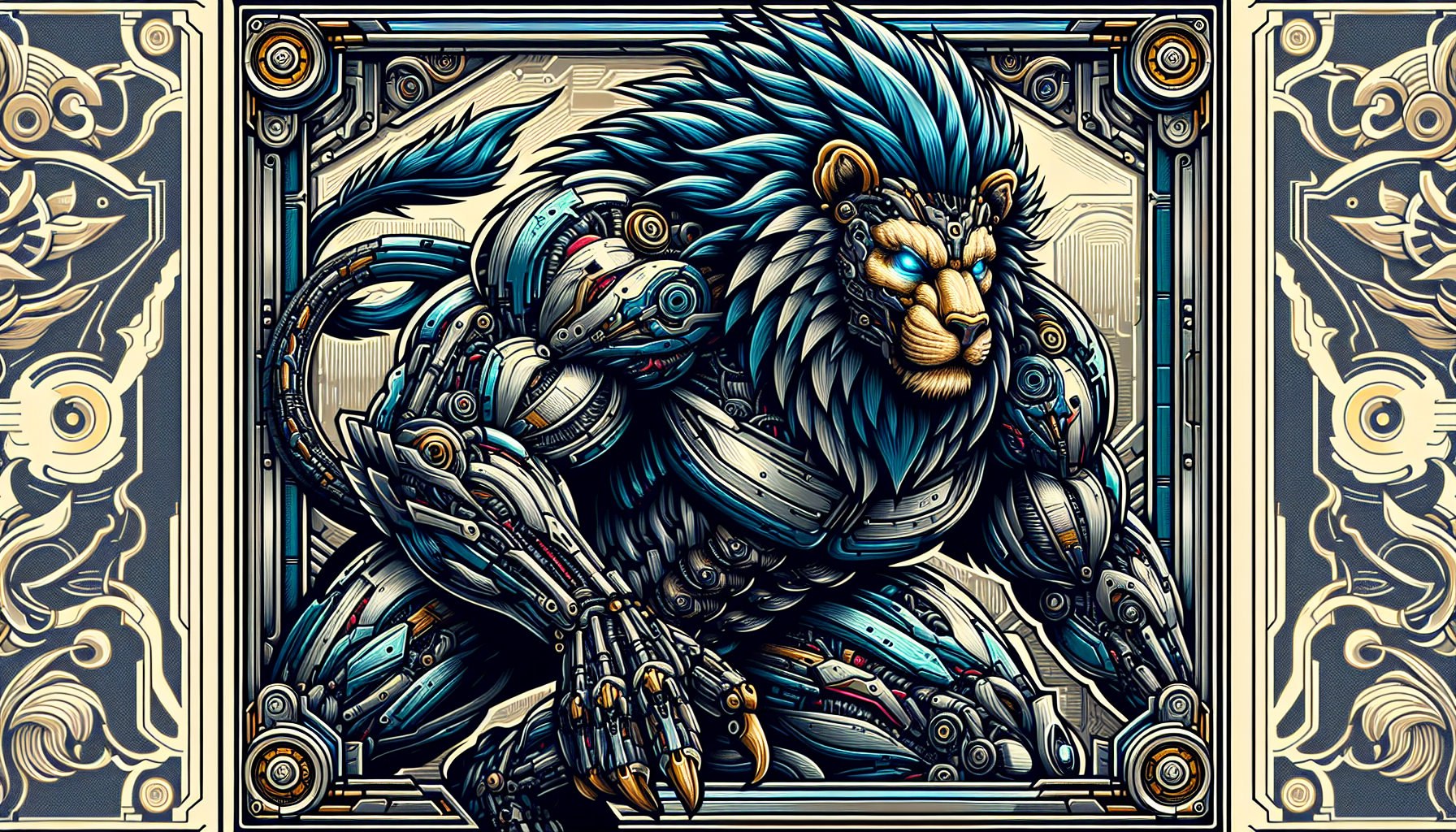 León de acero, Quiero que tenga el diseño artístico, textura y color de las cartas de Yu-Gi-Oh de bandai de 1998