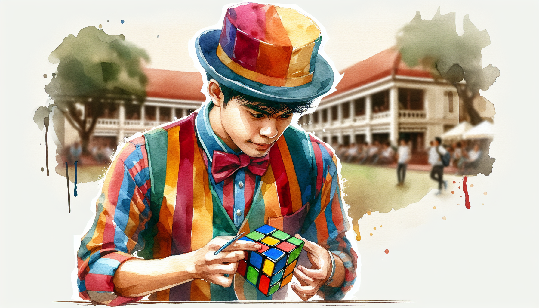 Circus Style Man Playing Rubiks Cube (Filipino Student)
