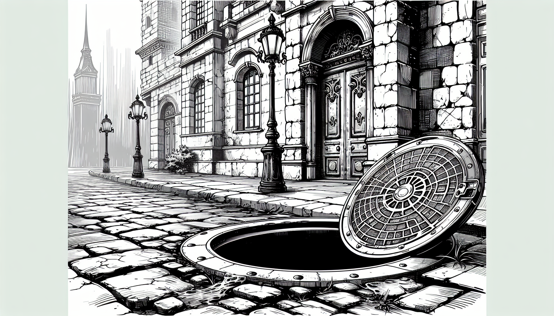 black and white color, in a comic book style, heroic fantasy theme, a half-open manhole cover on a cobblestone street