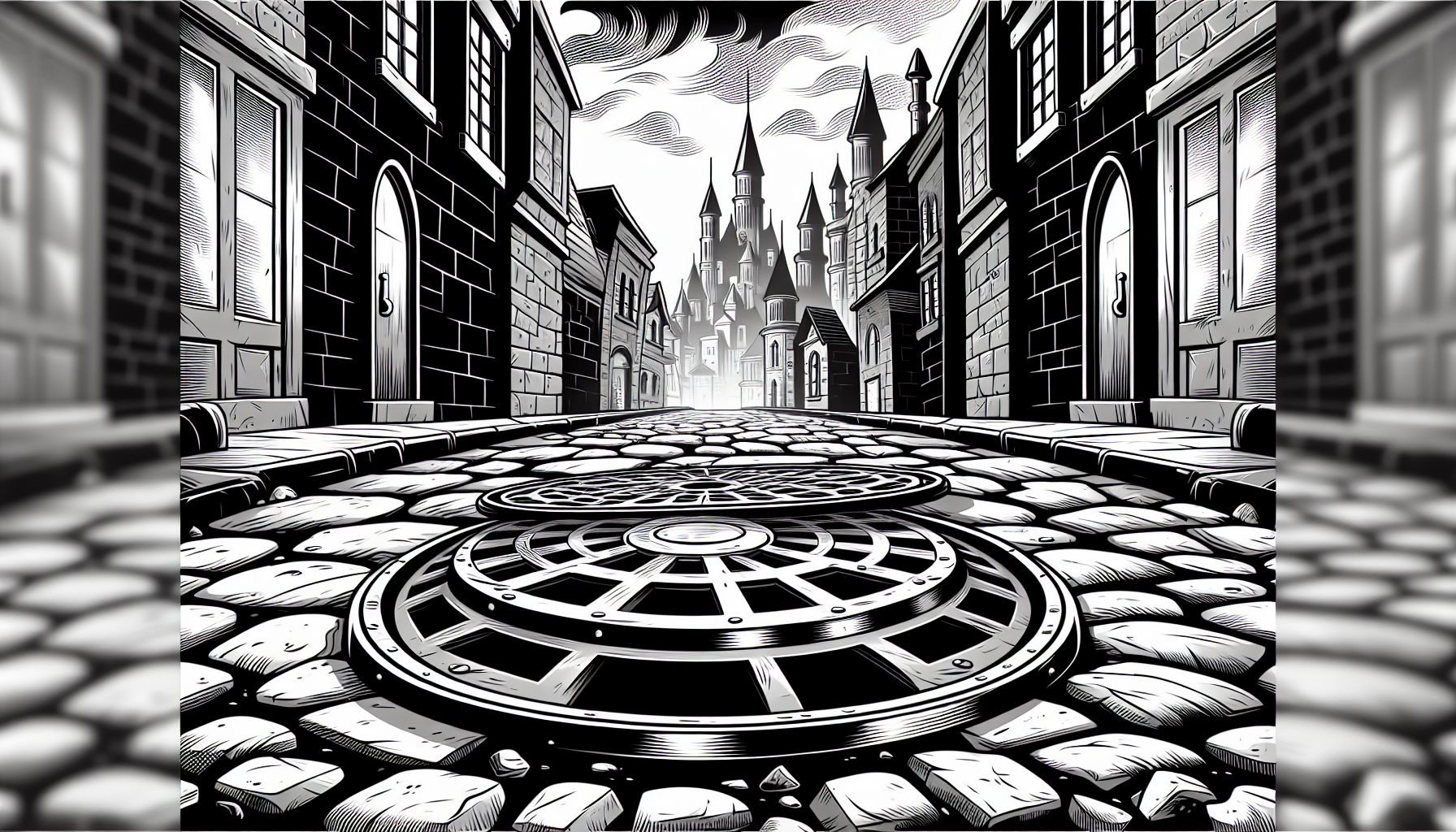 An old metal manhole cover, half open, in the middle of a cobblestone street in a heroic fantasy city. The illustration is in black and white with a cartoon comic book style, featuring thick, dynamic lines. The cobblestones are slightly distorted for a stylized and expressive effect. The atmosphere is mysterious but light, with strong shading and strong contrasts, in a style close to humorous comics or stylized fantasy animations.