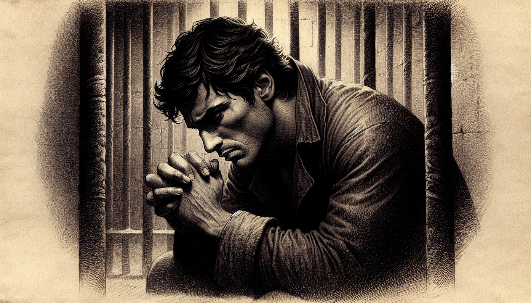 Draw a picture of Edmond Dantes in a pirsion cell praying to God for his vengance

