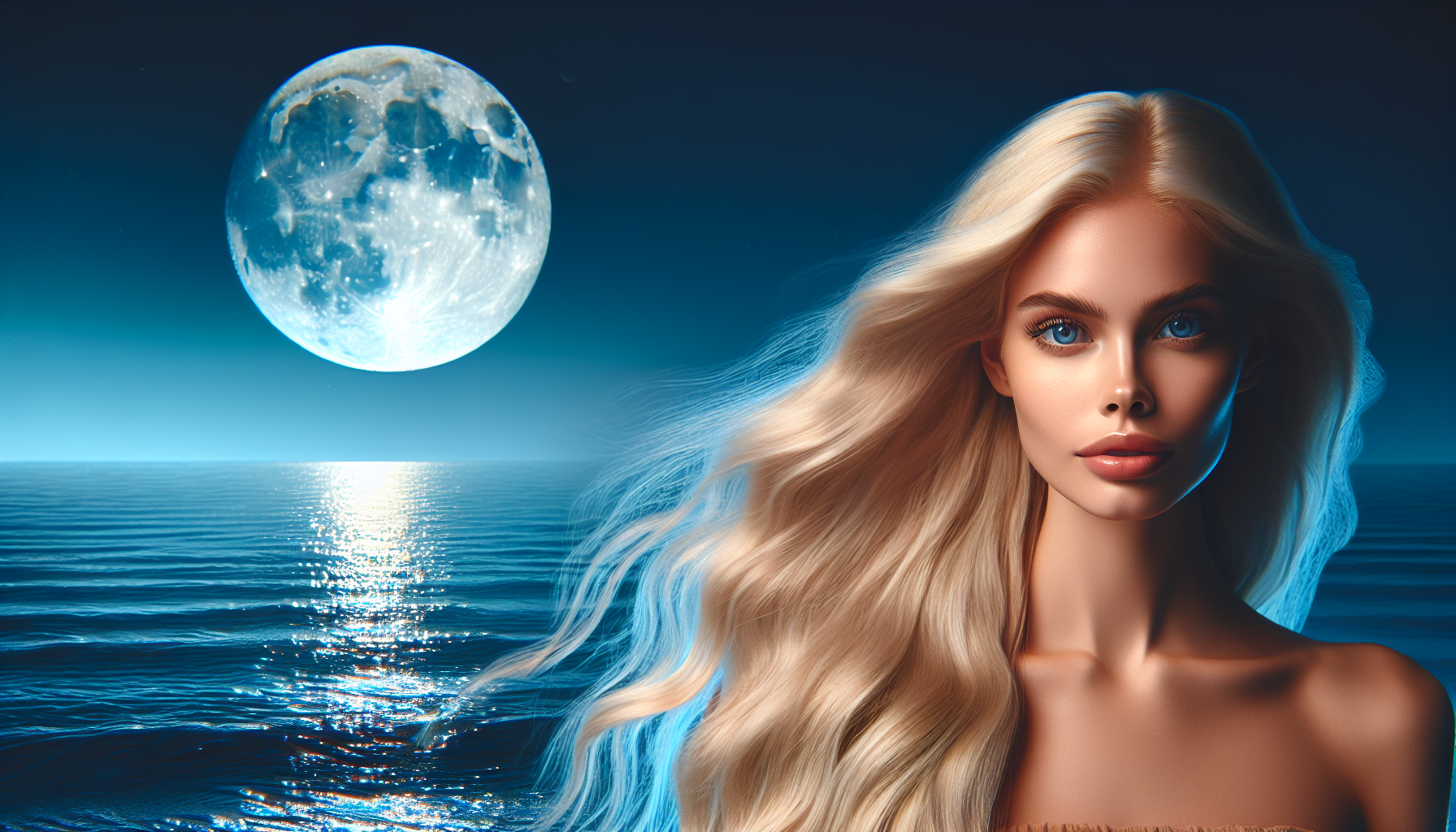 Chica rubia pelo largo sobre el mar y la luna llena de fondo 
