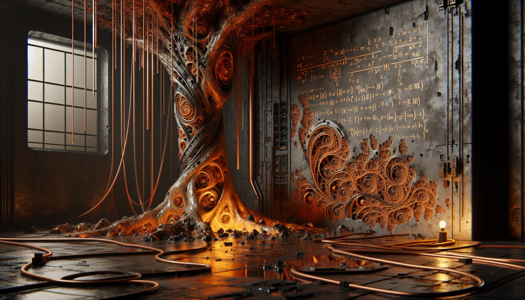 Organic-mechanical tree (Yvyrá) with copper roots piercing a cracked lab wall. Equations glow in amber liquid dripping from cables. Shadows have CRT eyes. Palette: burnt umber, static gray. Signature: "NHC" graffitied in conductive ink. Style: corroded textures, fractal veins.