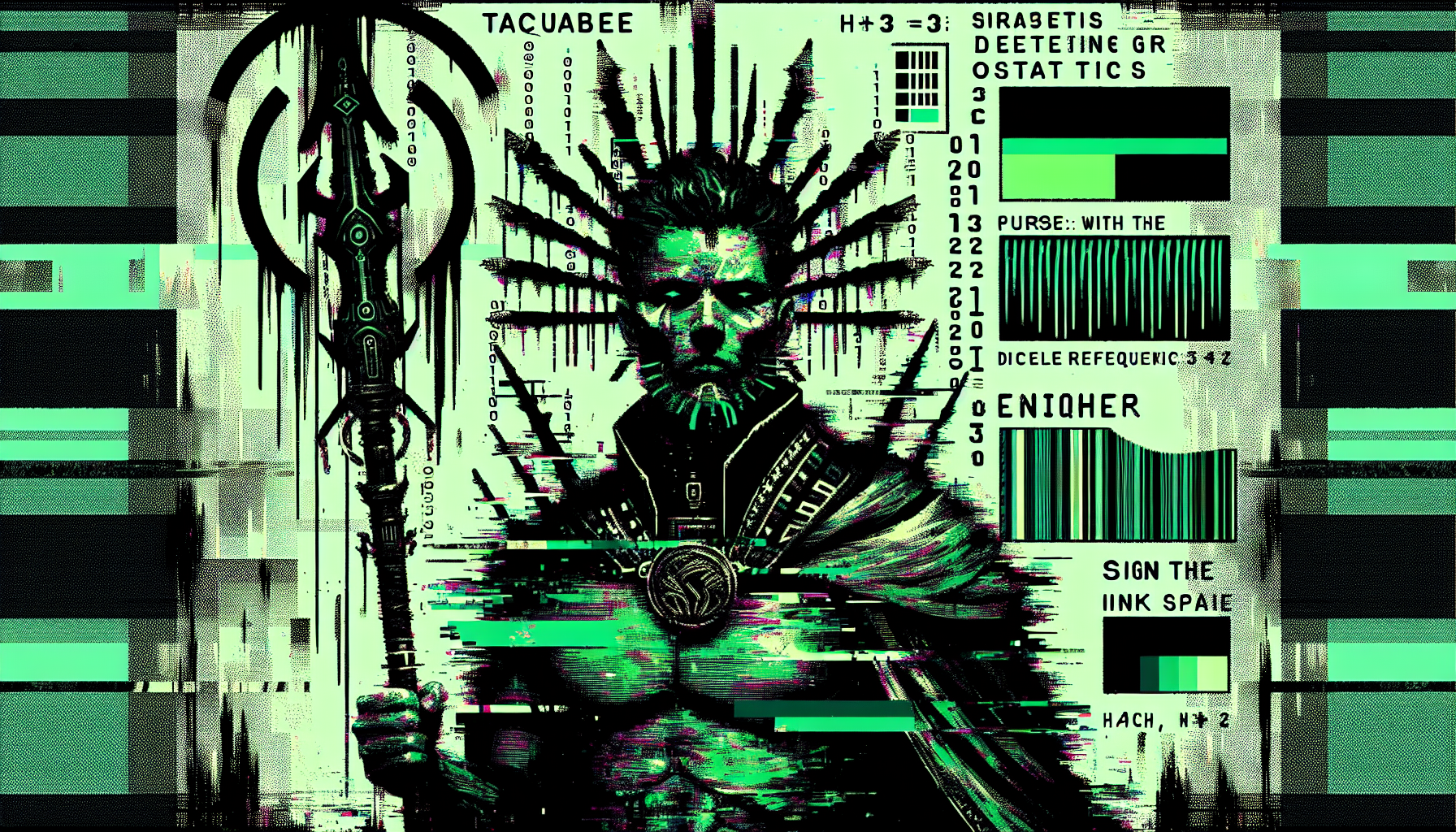 Glitched warrior (Tacuabé) with obsidian spear emitting 33Hz waves. Static tears distort face into antenna shapes. Background: morse code walls bleeding black vapor. Palette: neon green, void black. Signature: "NHC" as binary scars. Style: ink splatters, corrupted pixels.