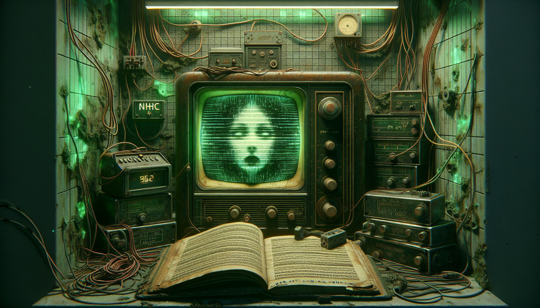 1982 safehouse: Zenith radio emits distorted feminine face through static veil. Cables snake toward an open journal, pages filled with morse-code scars. Walls sweat bio-luminous mold in Yvyrá patterns. Palette: surveillance-camera green, irradiated sepia. Signature: "NHC" stamped on a decaying capacitor. Style: analog haunting, forgotten signal horror.