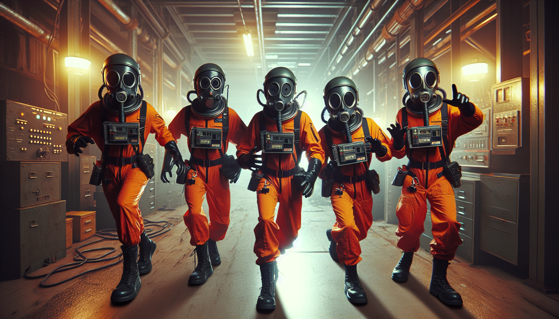*"Four characters from Lethal Company wearing bright orange astronaut jumpsuits with utility belts and black gas masks. Their body language is exaggerated and comedic—one running in panic, another pointing fearfully, one confidently walking, and the last frozen in fear. The setting is a dark, abandoned industrial facility with flickering lights, rusted machinery, and eerie corridors.

The image should have a blurry, vintage VHS look, with grain, scan lines, and subtle film scratches, resembling old security footage. Colors are slightly desaturated with a dim, atmospheric horror aesthetic, perfect for a retro-style YouTube thumbnail."*