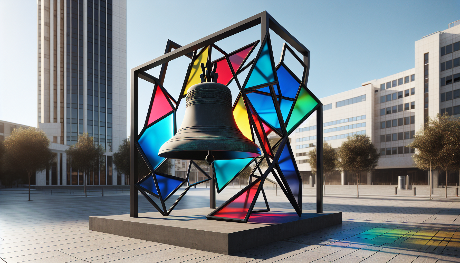 Photorealistic 3D render of a public art sculpture titled "Écho Chromatique". An ancient, weathered bronze church bell with visible patina rests on a simple, robust dark concrete plinth. Behind and slightly wrapping around one side of the bell rises a tall, angular, asymmetric structure made of thin black matte steel frames. These frames form irregular geometric shapes (triangles, polygons) filled with vibrant, translucent colored acrylic panels (bold red, deep blue, bright yellow, vivid green) resembling modern stained glass. Strong, clear daylight streams through the colored panels, casting sharp, colorful geometric shadows onto the bronze bell and the minimalist paved ground of a modern urban plaza. Wide angle shot, showcasing the full height and dynamic form of the sculpture. Highly detailed, sharp focus, architectural visualization style.