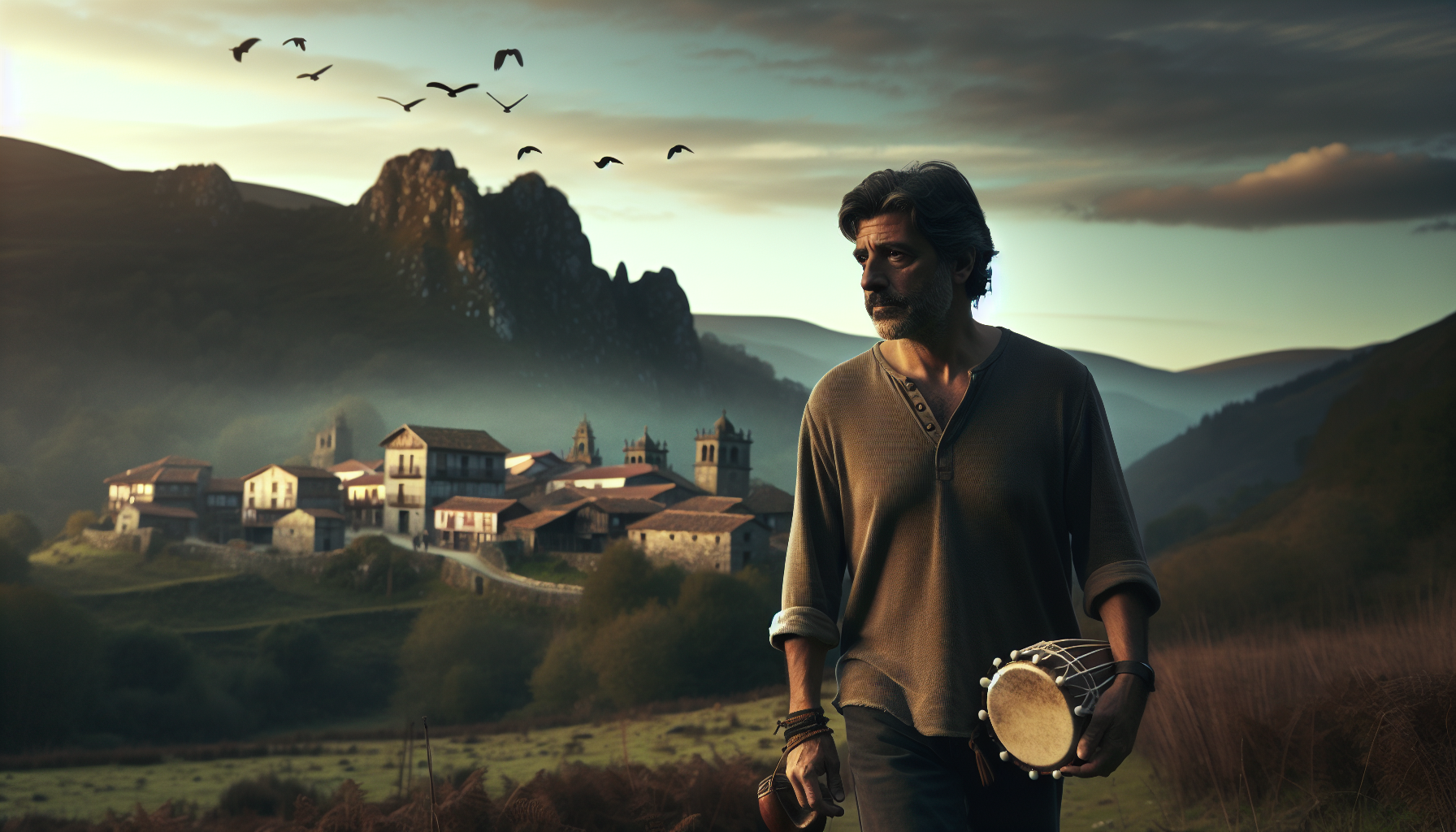 Lorca camina por las colinas gallegas, observando el pueblo(sin nada en las manos). En el aire, se escucha desde el pueblo ecos de la gaita y el tamboril, Lorca disfruta de la musica q se escucha, mientras las aves vuelan y las montañas se alzan majestuosamente. La música flota como una atmósfera mística alrededor de él. 