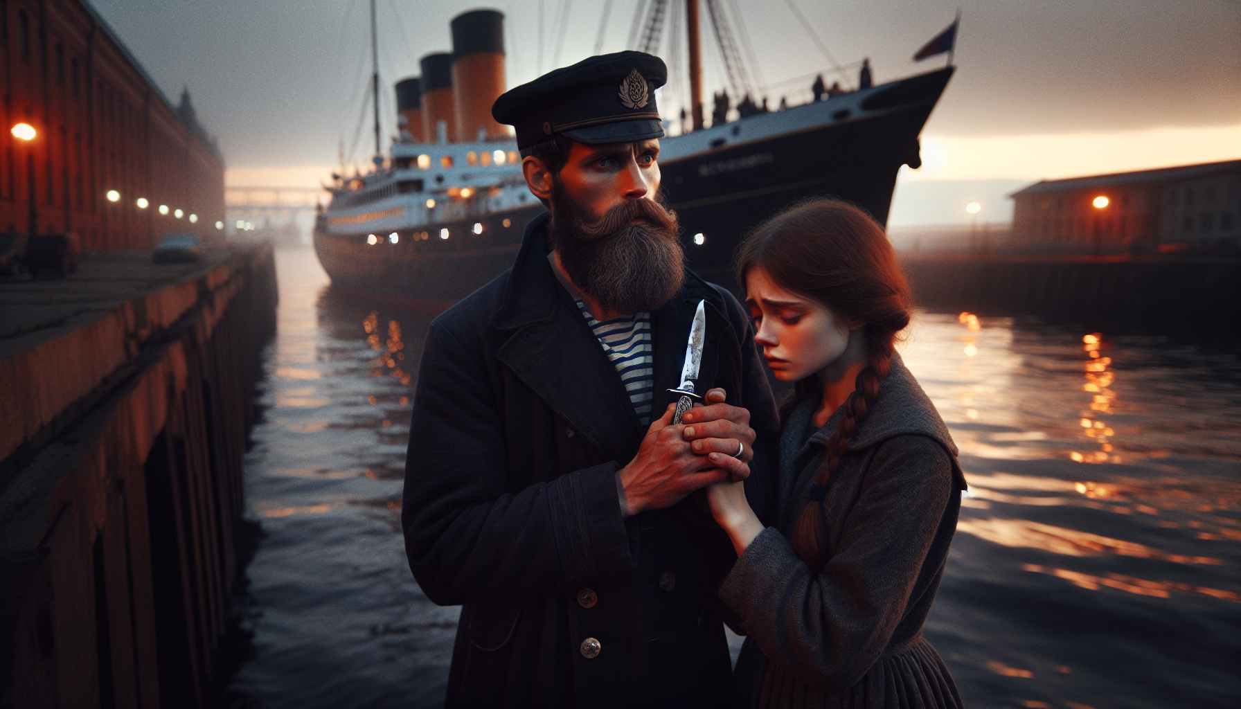 A bearded sailor named Mikuláš, dressed in a worn-out navy coat and cap, stands at the harbor at dusk. His wife Eva, a young woman with braided brown hair, holds his hands tightly, tears in her eyes. She hands him a small steel knife with an engraved handle. The harbor behind them is misty, with a large steamship ready to depart. The scene is emotional, with a melancholic atmosphere, soft warm light reflecting off the calm water.