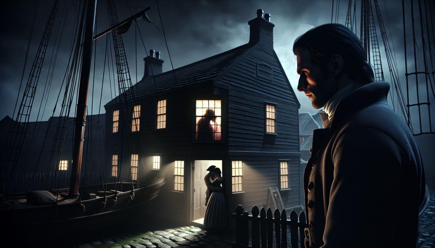 a man, standing outside his house at night, peers through a small, window. Inside,he can see his wife in the embrace of another man. Mikuláš’s face is partially hidden in shadow, his expression a mixture of heartbreak and rage. the scene is placed in the time when sailships were used.
