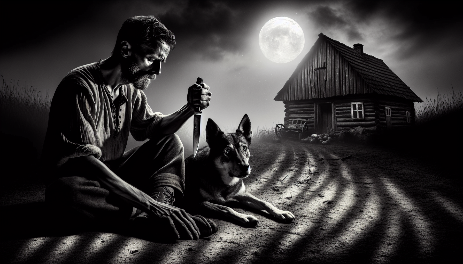 A dark, tense night. Mikuláš, his face filled with anger and pain, grips a steel knife tightly. In front of him, his loyal dog Fidelio collapses onto the ground, its eyes reflecting sadness and confusion. The cold moonlight casts sharp shadows across the dirt floor. Mikuláš's hand shakes, his breath heavy as he realizes what he has done. The background is blurred, with a small wooden house barely visible in the distance, heightening the feeling of isolation and regret.