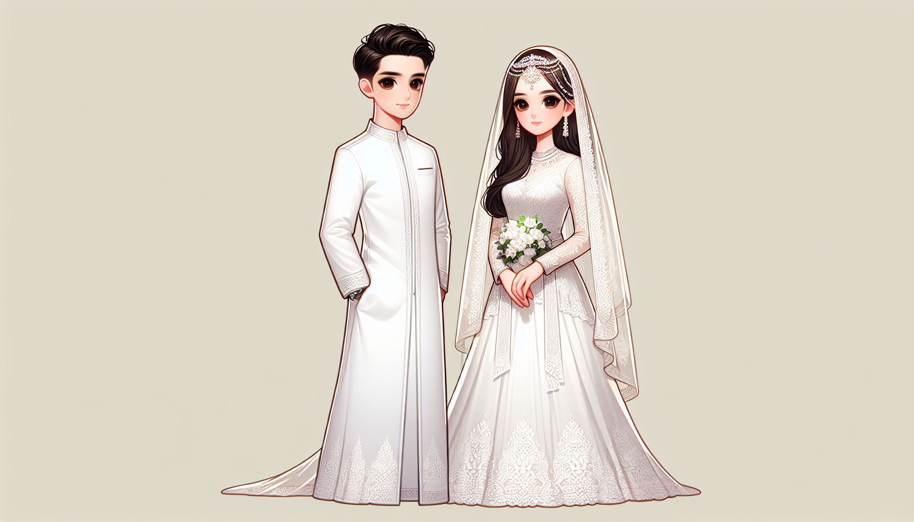 AI realistic Arab full body of bride in dress and veil with groom, both with dark brown hair, no background
