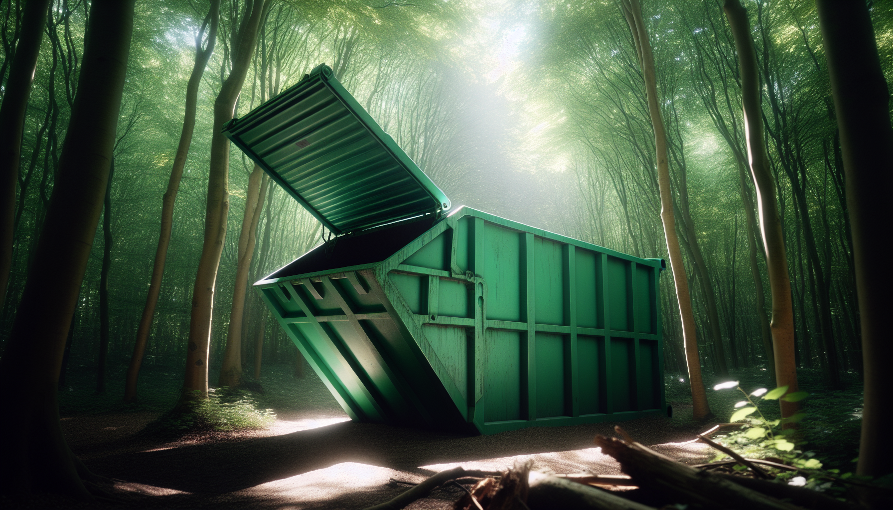 Green waste open large Mini Skip Bin metal container in the wood