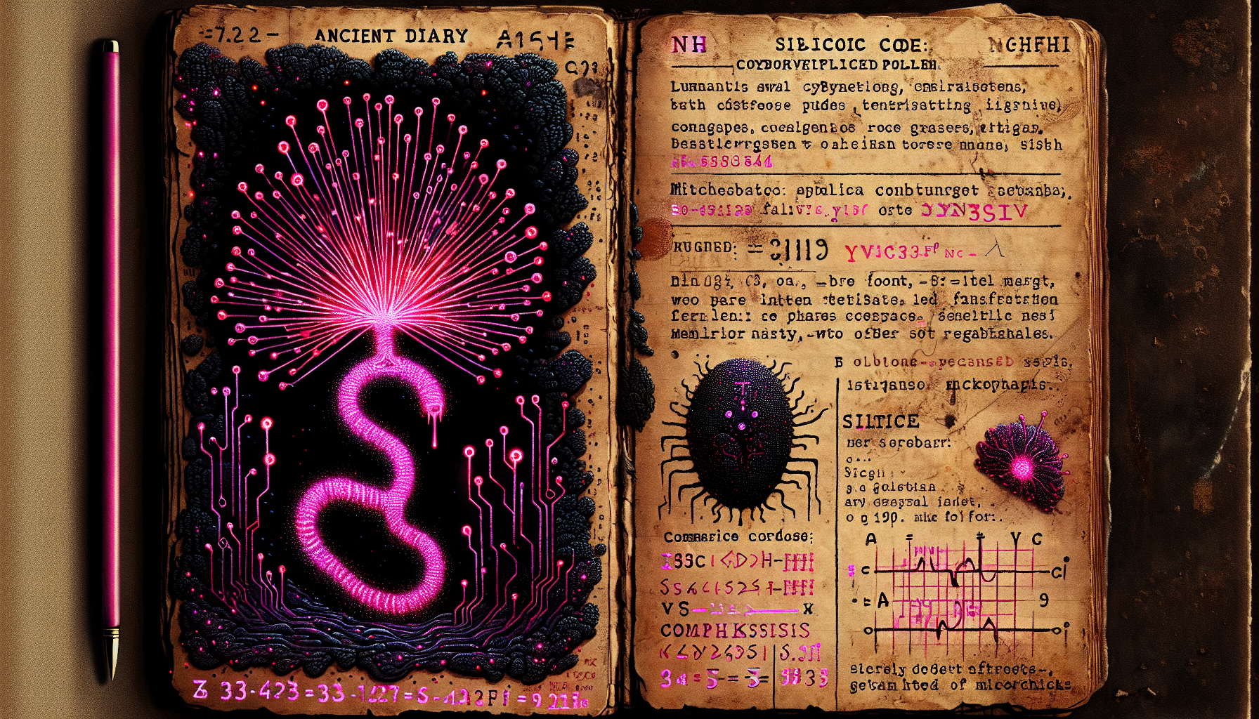 "Aged journal page covered in glowing black pollen, Morse code pulses #FF33FF. Margin: A silicon worm twists into the Yvyrá symbol, its body etched with microchip patterns. Style: Zdzisław Beksiński’s decay meets cybernetic calligraphy. Palette: Soot-black pages, neon magenta accents. Signature 'NHC' hidden in Morse dots. Taboo tweaks: Replace 'organic decay' with 'static corrosion' on paper fibers. Key details: Pollen emits 33Hz waves, metallic ink bleeds into equations, a child’s fingerprint smudged with resin. Mood: Forbidden knowledge. Lighting: Flickering candlelight warped by digital interference. Avoid gore: Use 'geometric infestation' for the worm. Background: Crumbling church wall with NeuroSync graffiti. Symbolism: Baltasar’s experiments bridging analog and algorithmic horror."