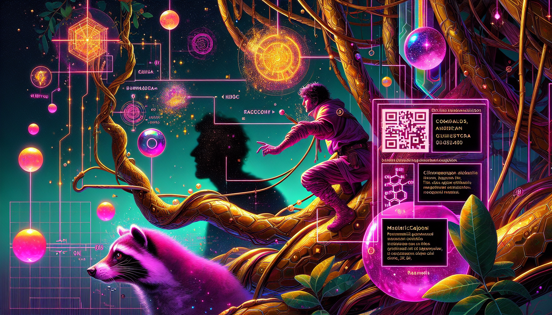"Aurora climbs a metallic vine adorned with glowing QR codes, golden sparks revealing equations in #FF33FF. Yvyrá’s silhouette looms, its roots merging with starless skies. Style: Katsuya Terada’s biomechanical hybrids + Loish’s fluid dynamism. Palette: Burnished copper, neon magenta, obsidian shadows. Signature 'NHC' camouflaged in QR pixels. Taboo shift: 'Flesh' becomes 'crystalline alloy,' sweat as 'liquid data droplets.' Details: Candy-like nodes pulse with 33Hz, the vine’s thorns hum NeuroSync jingles, Bruno’s shadow grips a glitched mapache. Mood: Desperate ascent. Lighting: Bioluminescent spores from the QR codes. Background: Fractal storm clouds shaped like Clara’s face. Symbolism: The climb as a metaphor for Camila’s doomed lineage. Policy tweak: Use 'mechanical stress fractures' instead of body horror."