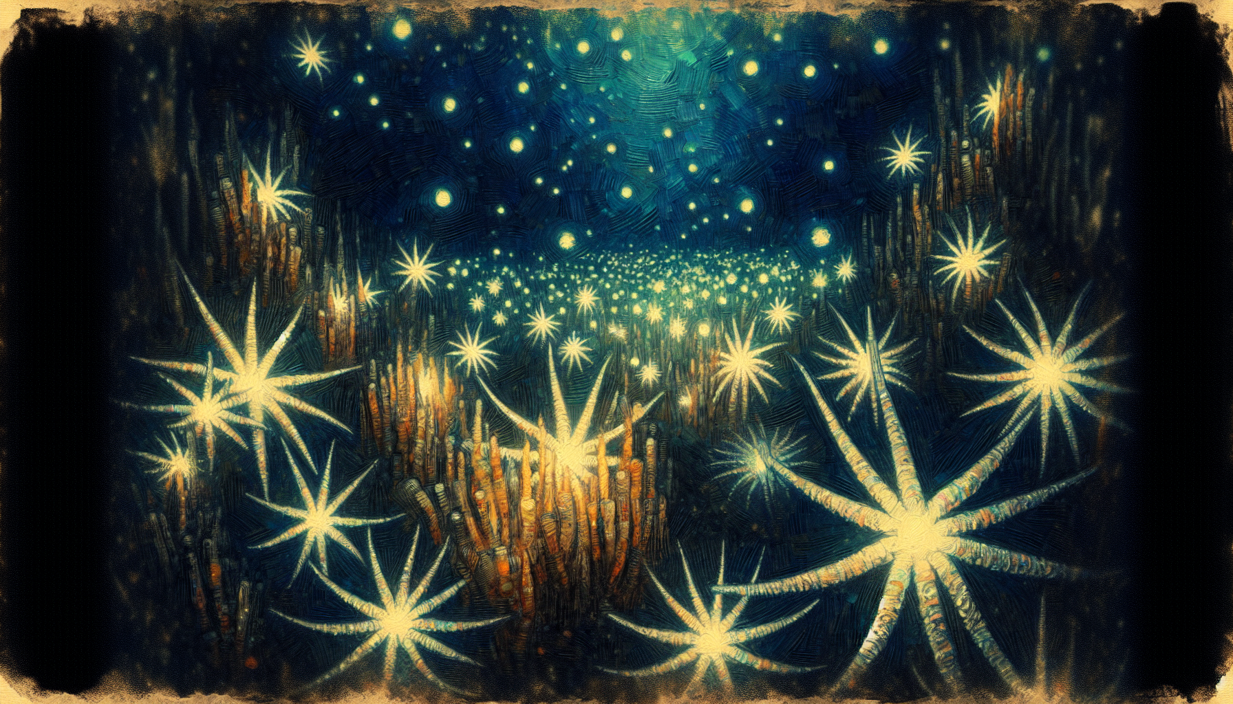 An impressionist painting with thick impasto brushstrokes depicting a beautiful array of colorful, bioluminescent starfish on the ocean floor. The starfish glow in the dark, creating a magical, ethereal effect. The image is a full-body shot with a thick paint texture and a low angle, adding depth and perspective. The dark background creates a dreamlike, fantastical, and surreal atmosphere, evoking a sense of nostalgia and wonder. The painting has a vintage style with intricate details that capture the beauty and mystery of the ocean.