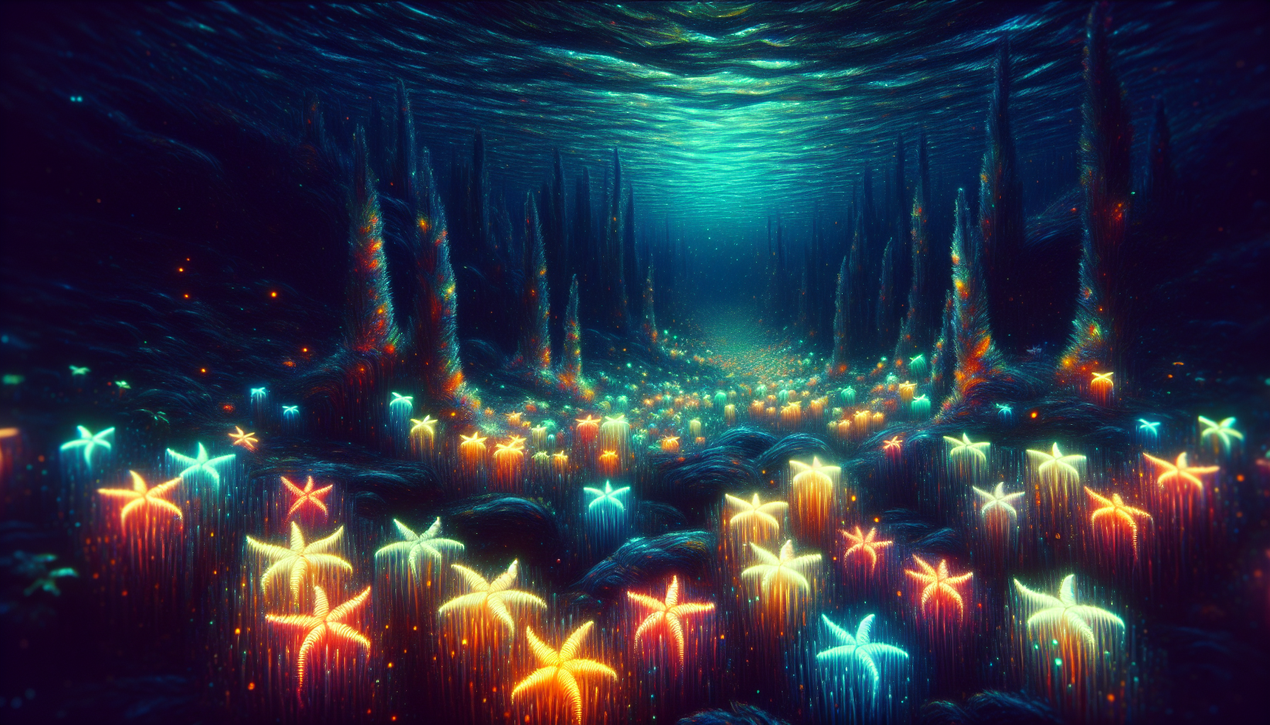 An impressionist painting with thick impasto brushstrokes depicting a beautiful array of colorful, bioluminescent starfish on the ocean floor. The starfish glow in the dark, creating a magical, ethereal effect. The image is a full-body shot with a thick paint texture and a low angle, adding depth and perspective. The dark background creates a dreamlike, fantastical, and surreal atmosphere, evoking a sense of nostalgia and wonder. The painting has a vintage style with intricate details that capture the beauty and mystery of the ocean.