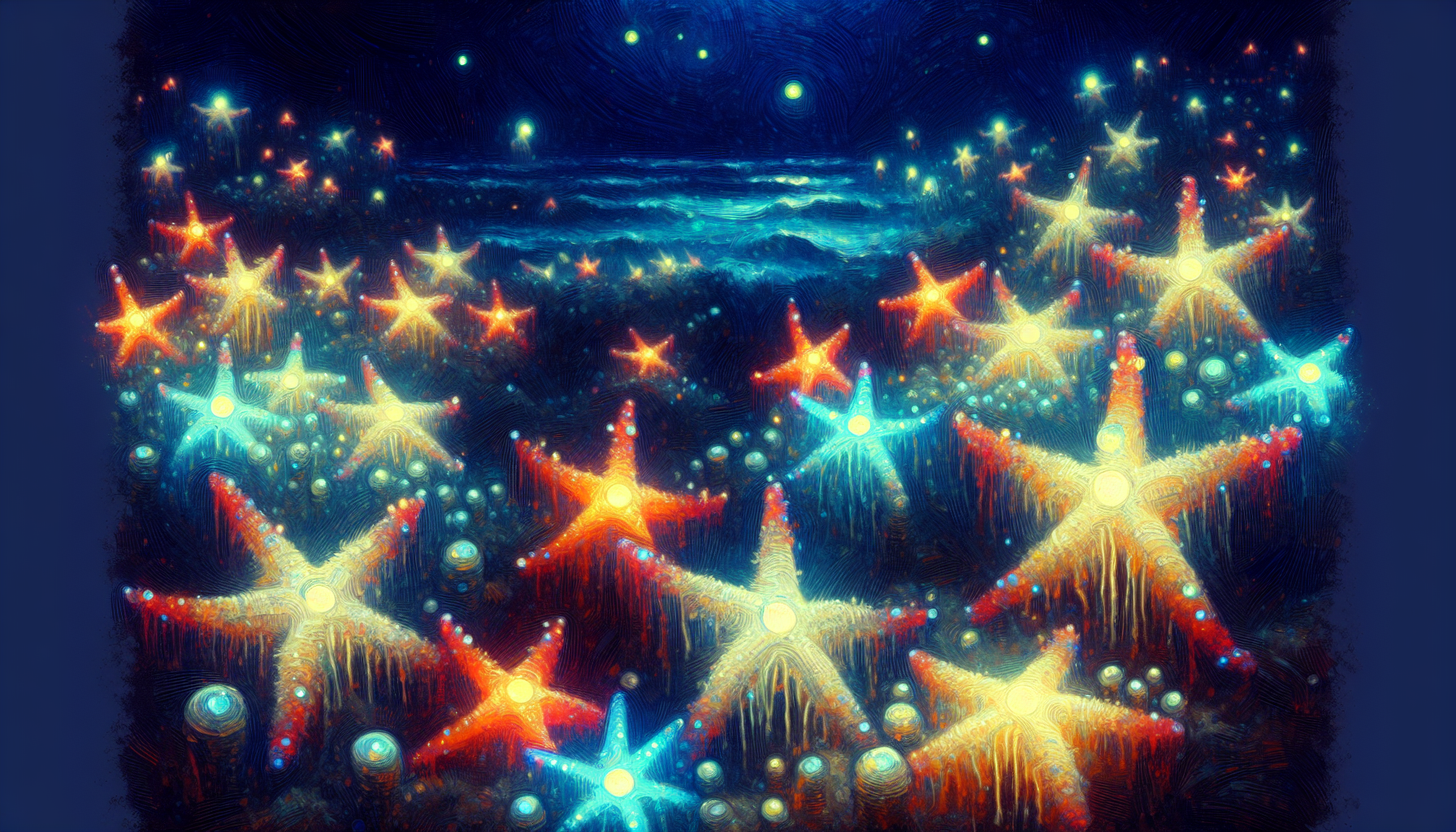 An impressionist painting with thick impasto brushstrokes depicting a beautiful array of colorful, bioluminescent starfish on the ocean floor. The starfish glow in the dark, creating a magical, ethereal effect. The image is a full-body shot with a thick paint texture and a low angle, adding depth and perspective. The dark background creates a dreamlike, fantastical, and surreal atmosphere, evoking a sense of nostalgia and wonder. The painting has a vintage style with intricate details that capture the beauty and mystery of the ocean.
