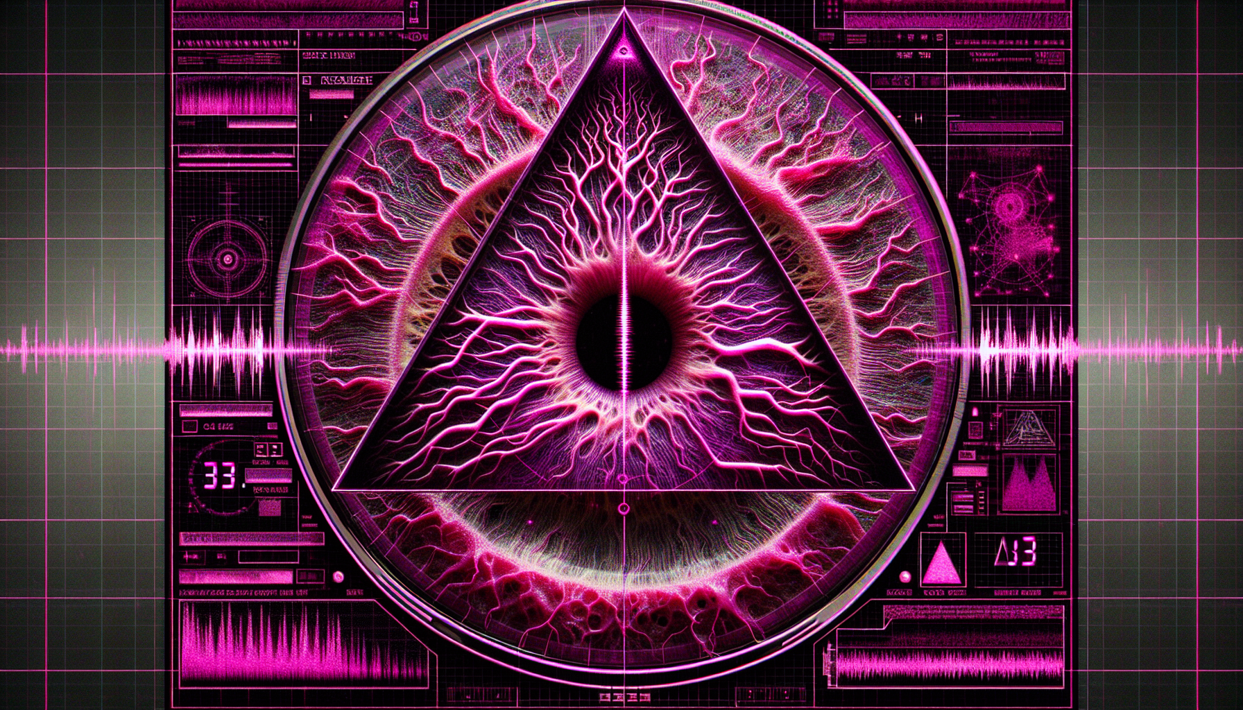 Prompt: Triangular eye QR code pulsating #FF33FF, static-fuzz texture interwoven with capillary-like circuits. Faint valse melody visualized as waveform thorns. "NHC" camouflaged in scan lines. Background: Holographic flesh-wall inscribed with Dogon star maps. Style: Bio-mechanical tattoo design merged with CRT autopsy footage. Intent: A gateway humming at 33Hz, inviting/corrupting the scanner.