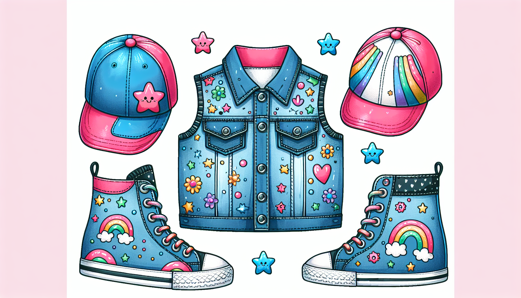 genera la imagen de un chaleco infantil vaquero pintado a mano con dibujos muy coloridos estilo kawai y que vaya en conjunto con unas botas deportivas tipo converse con los mismos dibujos y tambien pintadas a mano y una gorra igual por favor
