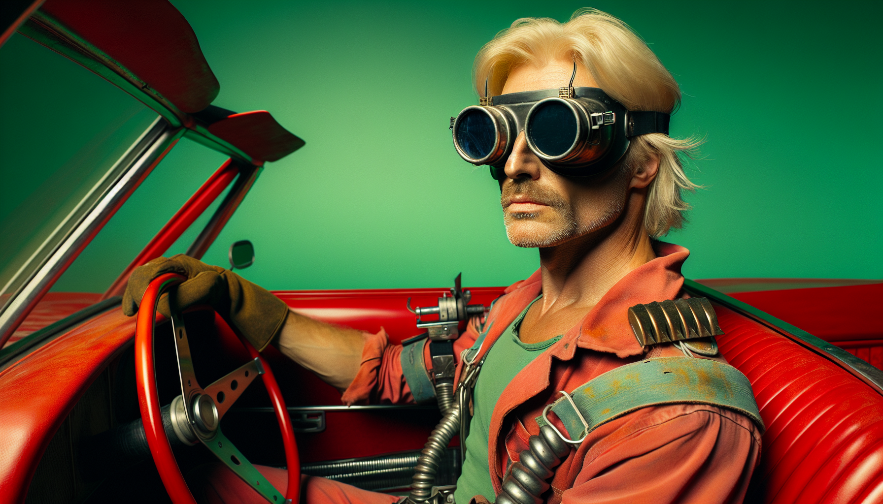 un homme de 50 ans portant des lunettes de soudure Il a les cheveux blond.il est habillé style madmax.il est au volant d'une voiture rouge. l'arrière plan sera vert  uniforme