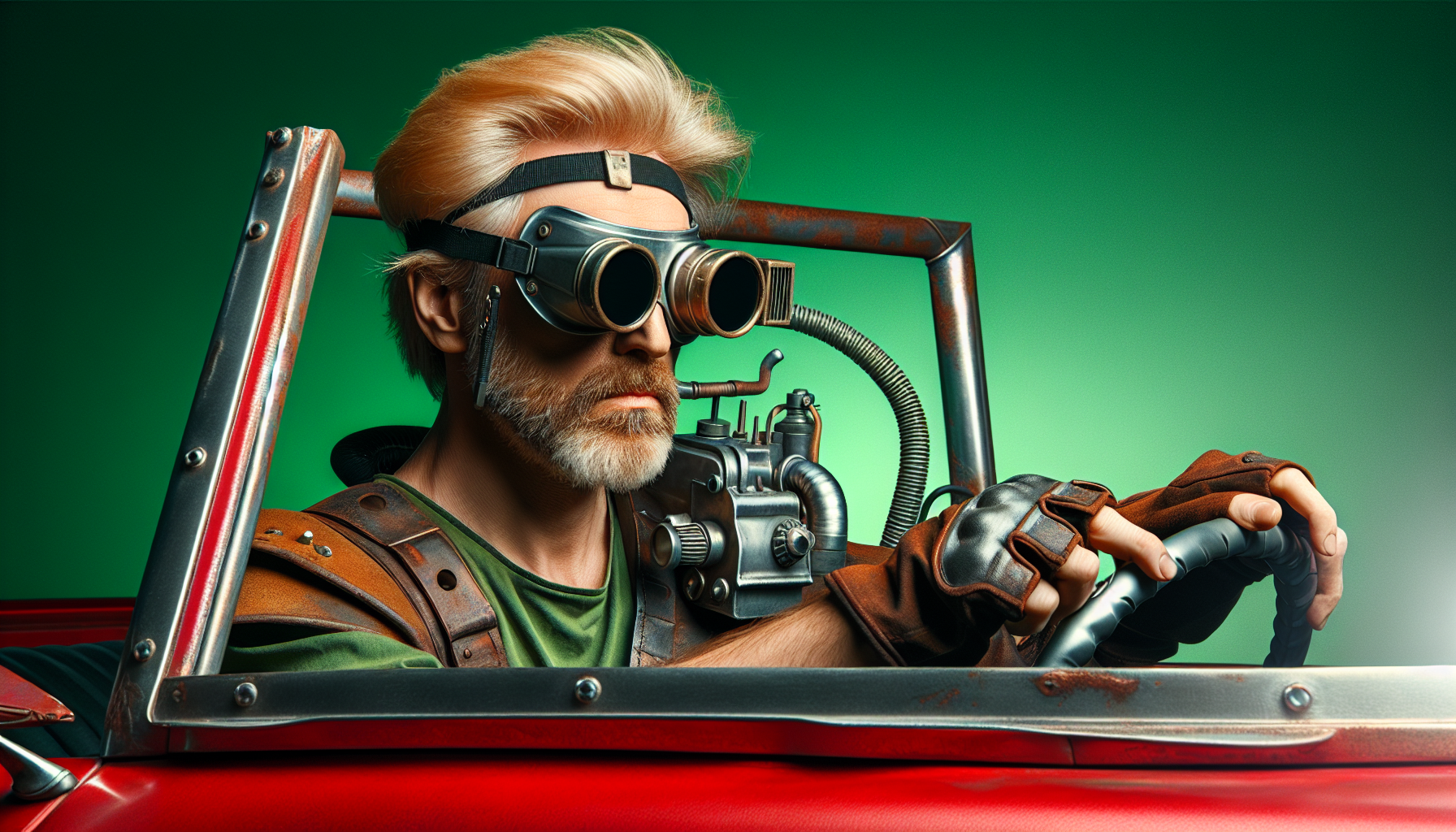 un homme de 50 ans portant des lunettes de soudure Il a les cheveux blond.il est habillé style madmax.il est au volant d'une voiture rouge. l'arrière plan sera vert  uniforme