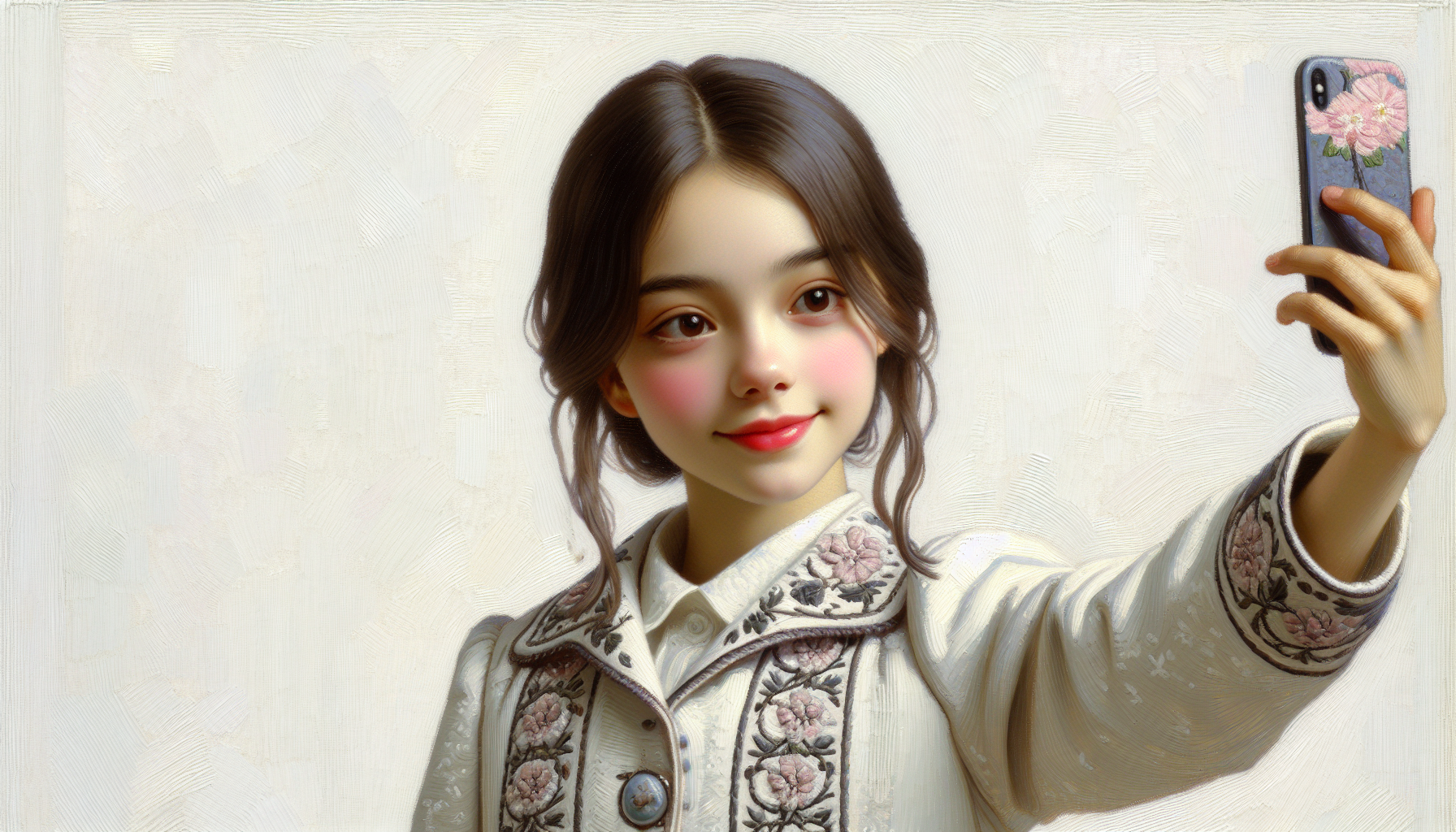 A girl posing for selfie black and white embroidery on her suit with loses hair partitied in two parts of hair Head is tilt support a almirah  with soft smile and pink blush on both cheeks with sharp nose and bis eyes with white background 