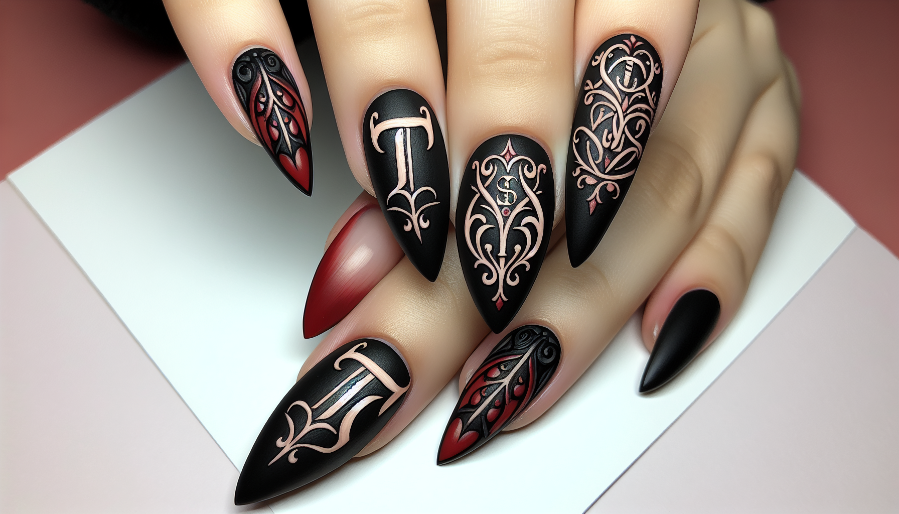 A gothic-inspired nail set featuring ‘TS’ monogram calligraphy on an elegant black and red base. The letters are in an intricate, old-English font, reminiscent of medieval script. The nails are almond-shaped, with a mix of matte and glossy finishes for texture contrast.