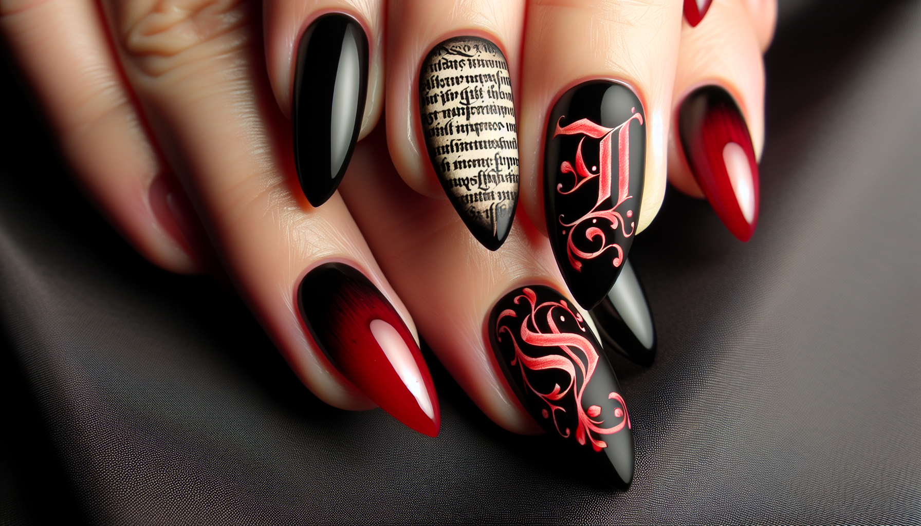 A gothic-inspired nail set featuring ‘TS’ monogram calligraphy on an elegant black and red color base. The letters are in an intricate, old-English font, reminiscent of medieval script. The nails are almond-shaped, with a mix of matte and glossy finishes for texture contrast.