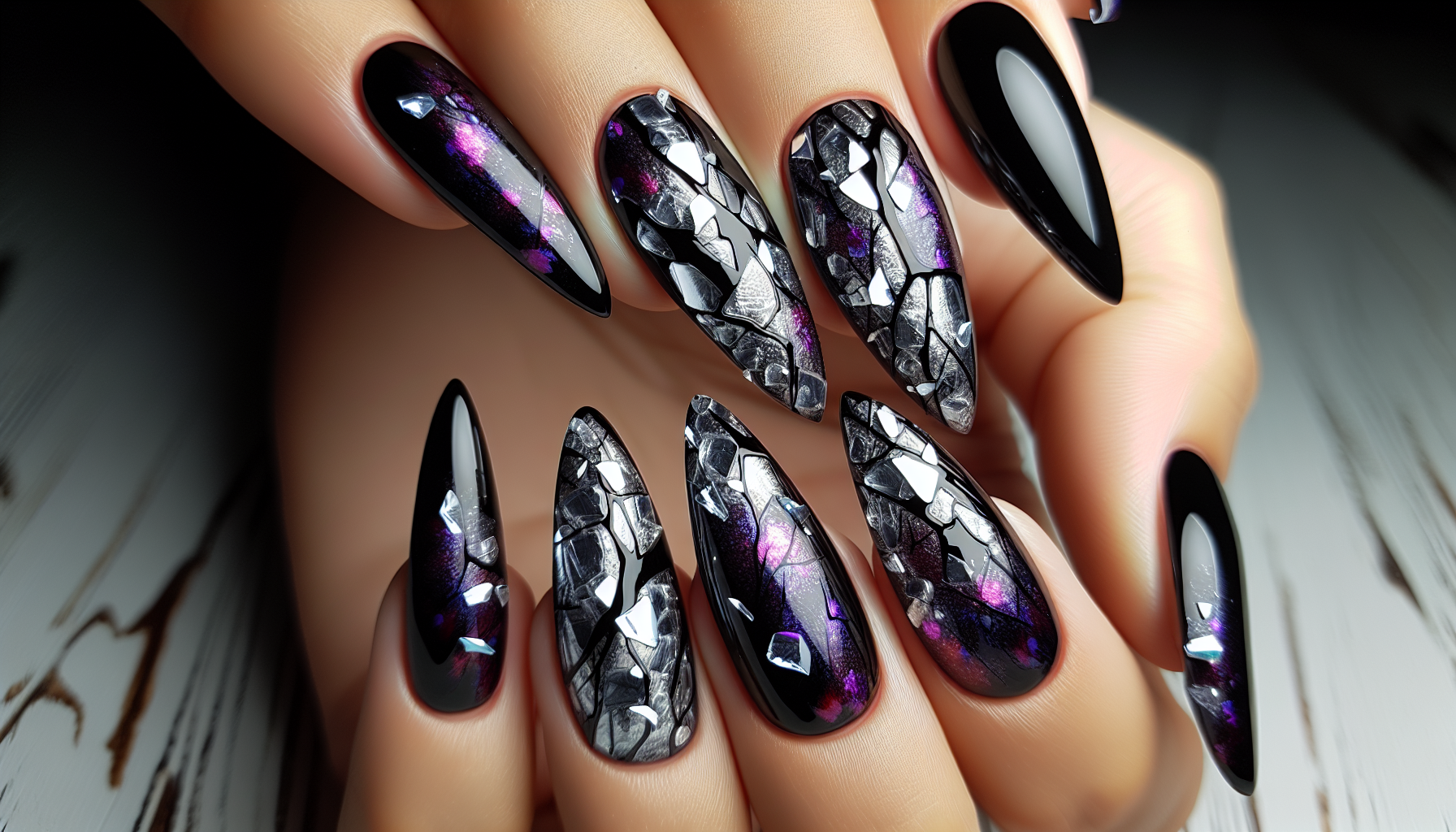 A dramatic black and vine purple nail design featuring a shattered glass effect. The silver chrome shards create an illusion of broken glass, reflecting light for a high-impact look. The nails are mid length and almond-shaped, capturing the edgy, rebellious energy of the Reputation era