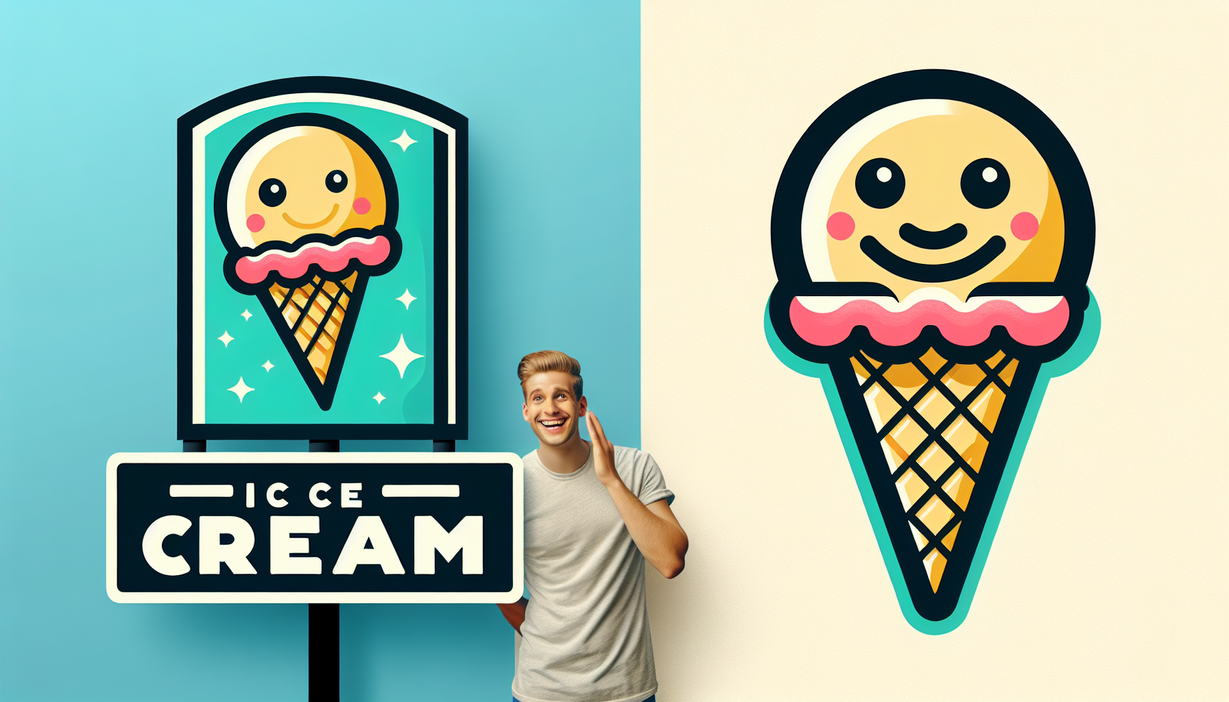 image d'une enseigne amusante pour un commerce de crème glacée. Elle doit être sous forme de cornet de glace, Personnifiée avec un visage souriant sur le cornet, style des années 50, des couleurs éclatantes et attirantes