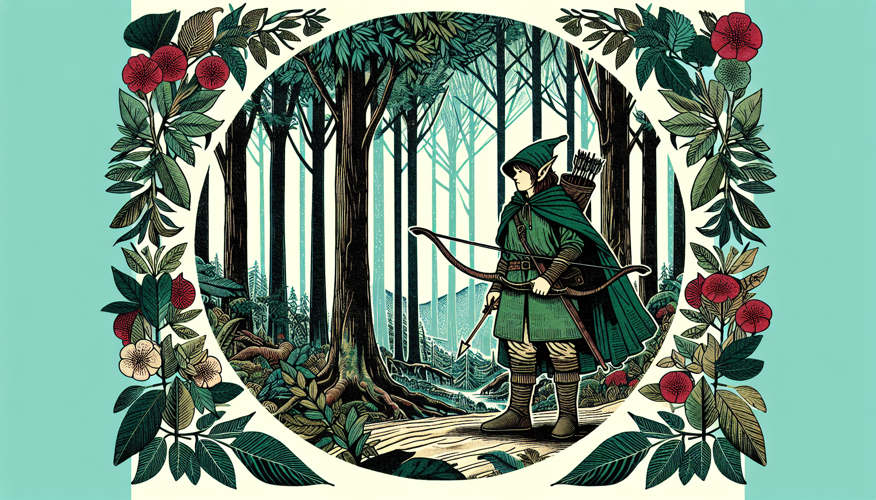 elven ranger, shortbow, green cloak, in a dense forest, majestic trees, rustling leaves, close up