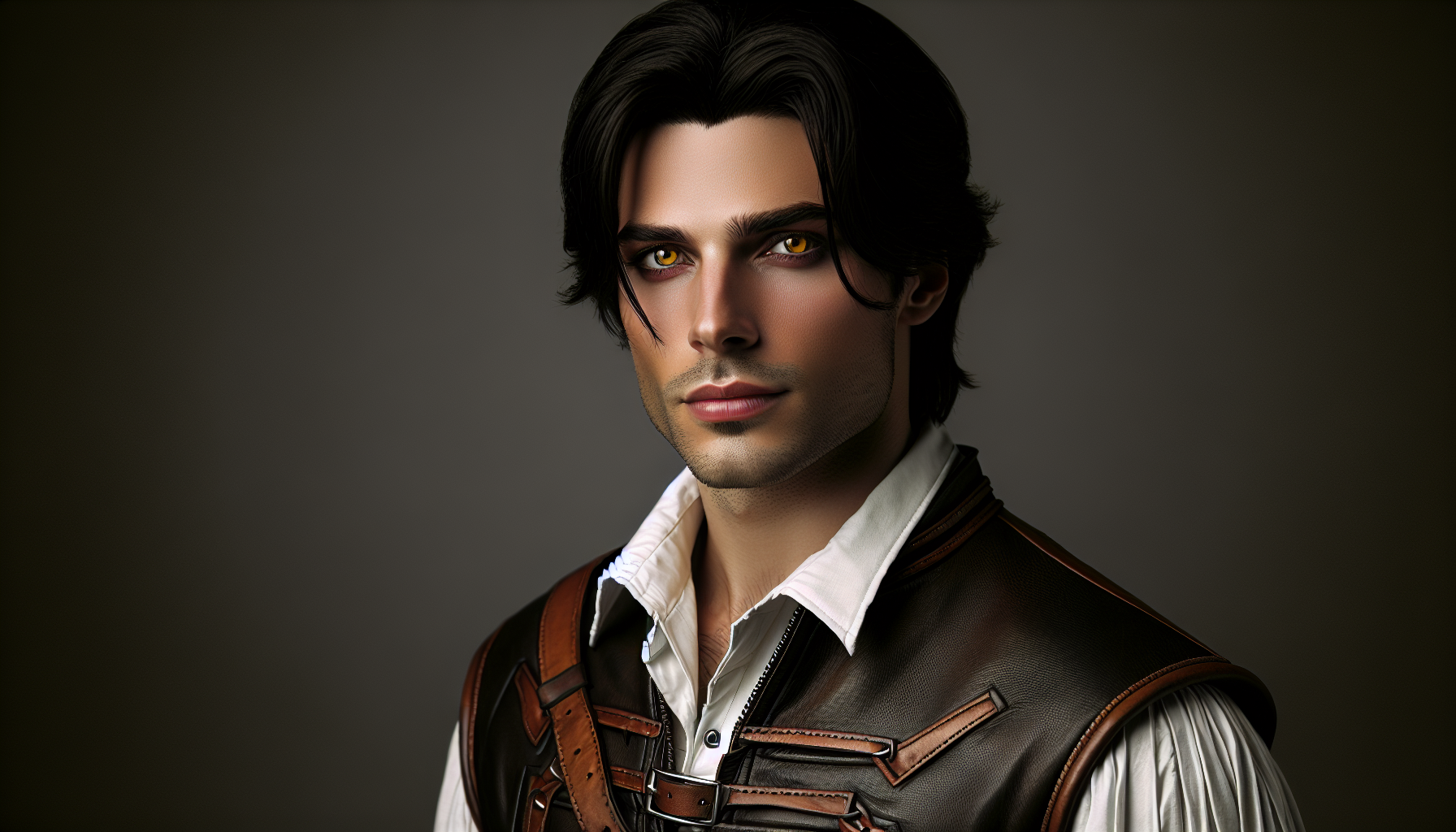 Male, pale skinned, black hair, yellow eyes, medieval, bounty hunter, dark brown leather armor, white undershirt, vampire