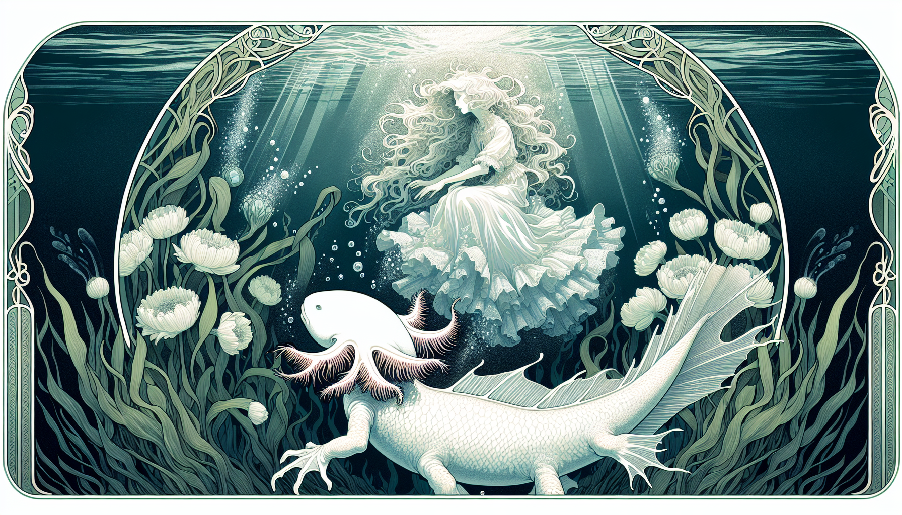Art nouveau painting of an entirely white albino mermaid xolotl hybrid creature under water, frilly water plants, mysterious atmosphere, somewhat eerie
