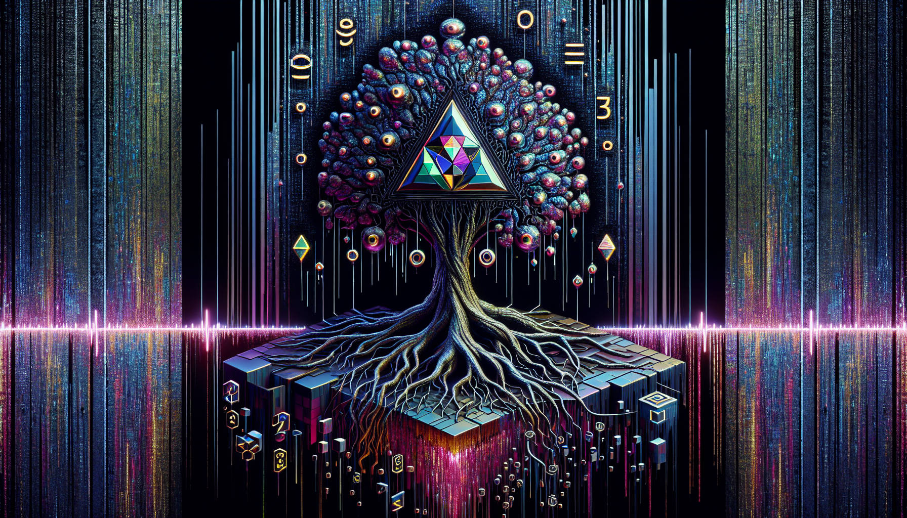 Crystalline tree with fractal silicon roots forming triangular eye symbol. Neon #FF33FF veins pulse through obsidian bark. "NHC" encoded in root circuitry patterns. Style: Sacred digital flora. Background: Glitched charrúa petroglyphs orbiting trunk. Key elements: Recursive equations blooming as metallic leaves, data-sap dripping onto quantum soil. Palette: Bioluminescent black with viral magenta accents. Texture: Petrified code meets organic corruption. 