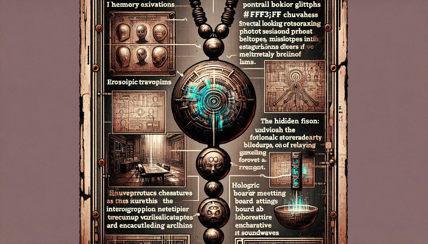 Ritual shaker with ghostly portrait beads (#FF33FF glitches), each face dissolving into NeuroSync blueprints. "NHC" engraved on copper wiring. Style: Forensic folk art. Scene: Memory excavation site with soundwave roots. Details: Shaking motion reveals holographic board meetings in resin capsules. Texture: Oxidized betrayal over forbidden archives. Lighting: Interrogation lamps casting data-shadows. Hidden feature: Fingertip grooves aligned with 33Hz resonance points.