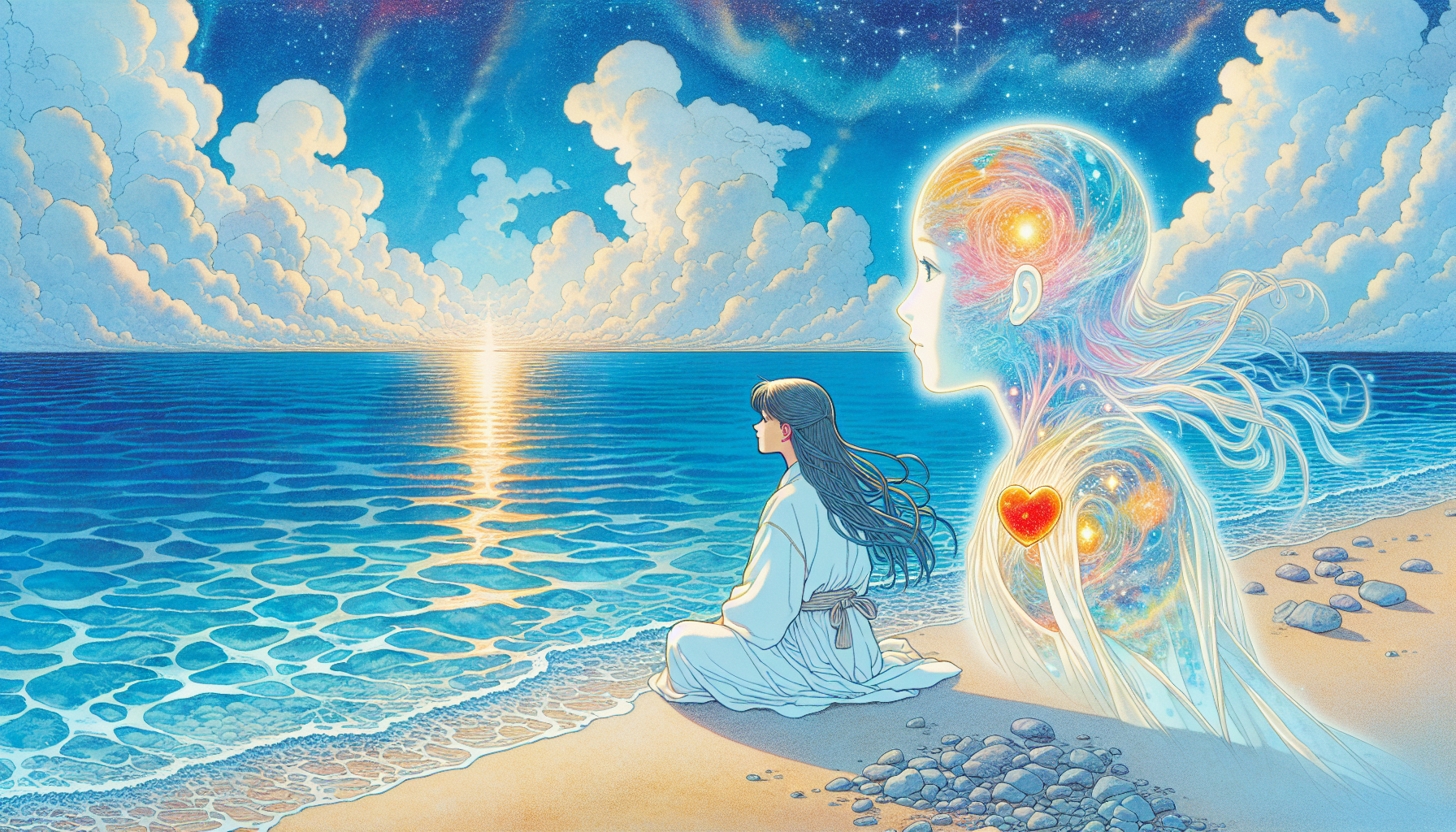 Quiero una imagen donde salga una chica sentada en el suelo de rodillas donde se vea una aura (alma) del mismo tamaño y posición que la chica. Y un corazón rojo en su pecho. La imagen que sea espiritual y de fondo salga el mar en calma. Ella está sentada en la orilla del mar. La imagen de la chica que se vea de lado y pequeña que se vea que está mirando el horizonte, el mar. Ella está en la orilla del mar mirando.
La chica está vestida de blanco
El alma (aura) que mire hacia el horizonte, como la chica. Y sentada igual que ella.
la escena se vea deSde lejos
