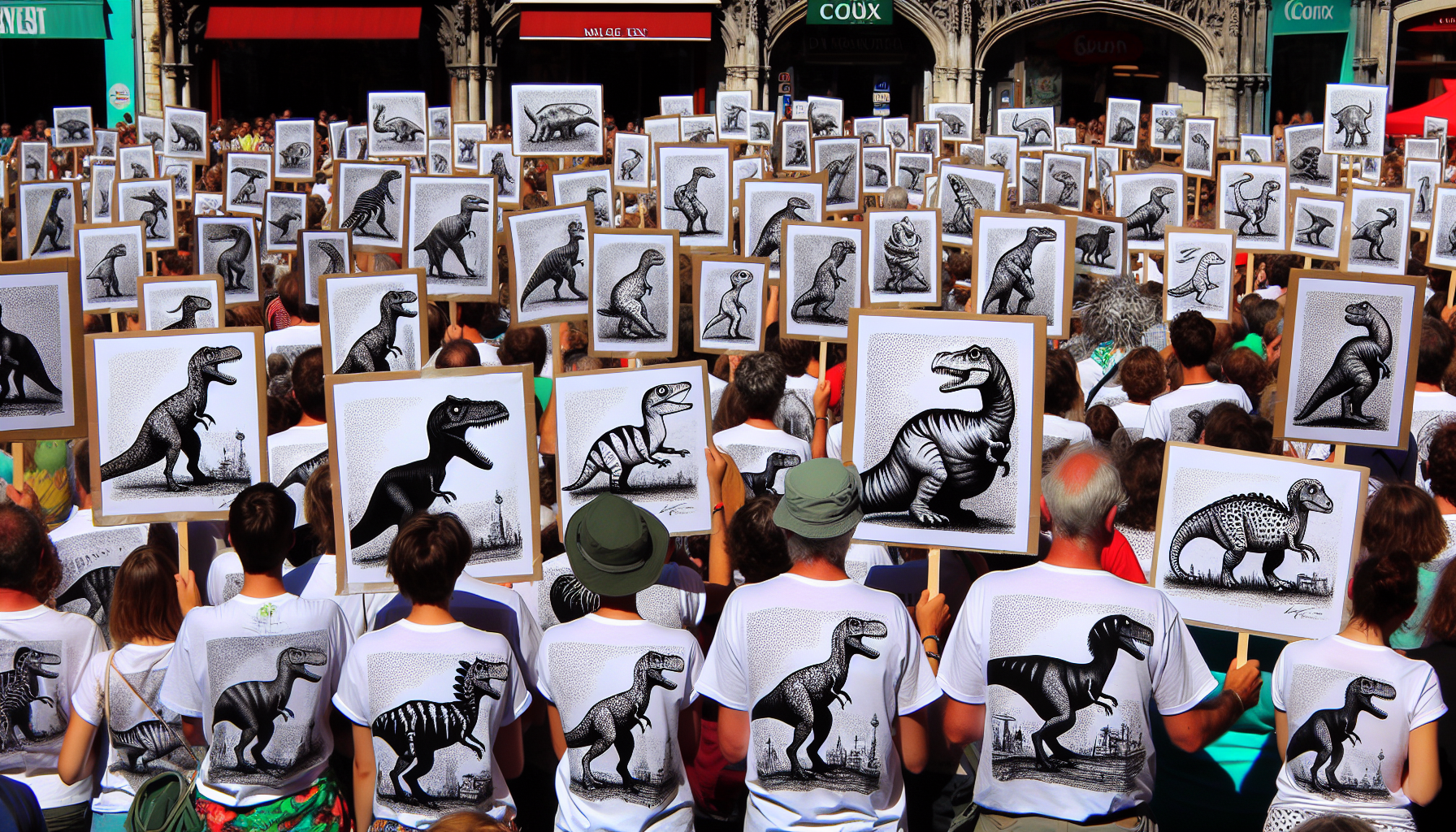 une foule qui porte des t-shirts avec des dinosaures, des pancartes avec des dinosaures en noir et blanc facon crayonné ; ça se passe en france 