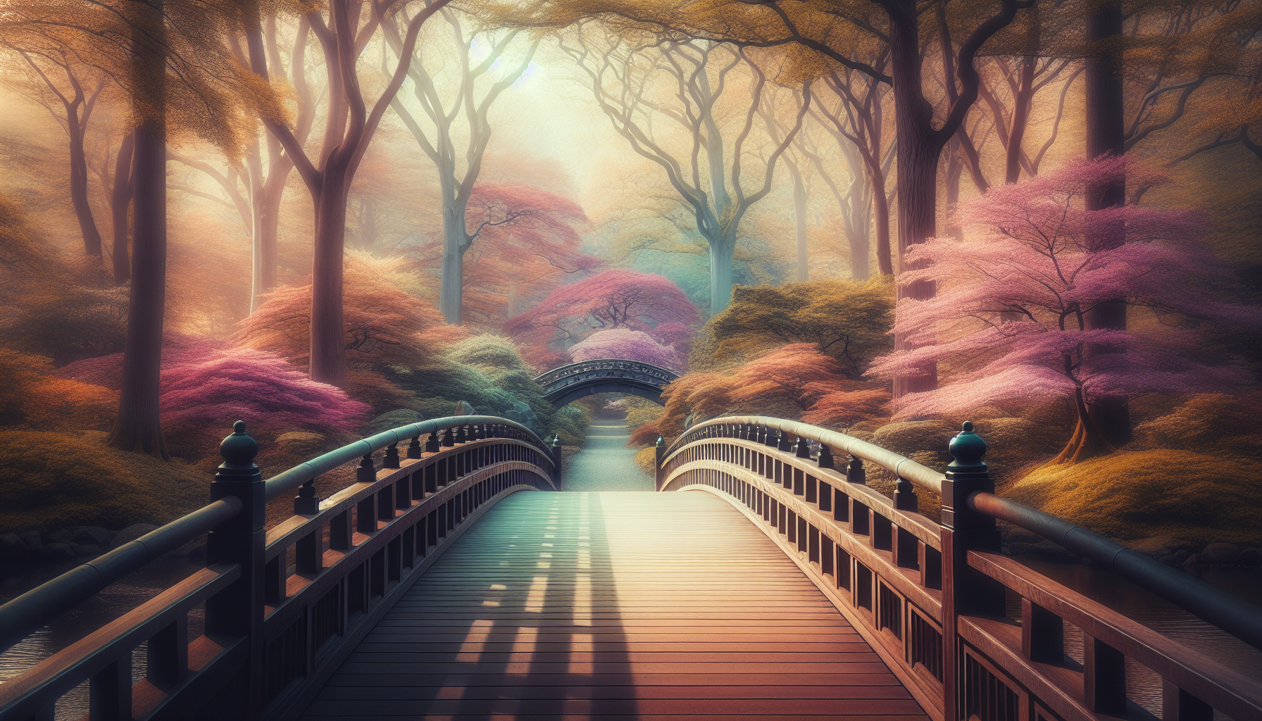De fondo unos arboles en época de primavera y de imagen enfocada uu puente grueso de madera café oscuro y por los lados más árboles.

