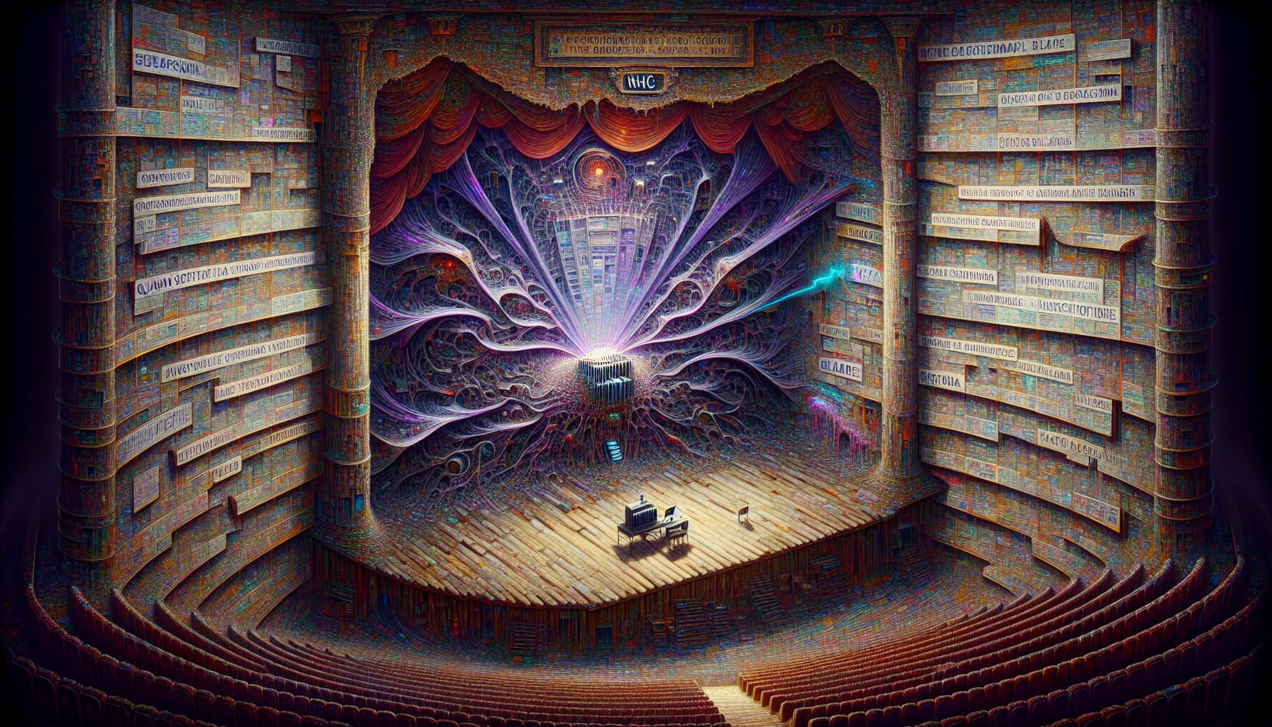 Collapsing proscenium where accordion-entity plays with quantum viscera strings. "NHC" on bleeding $3-bill walls. Style: Baroque data-apocalypse. Details: Audience seats sprouting micelium, Spectra's static womb projecting Clara's 2045 reign. Palette: Velvet void with #FF33FF infection. Critical element: Shattered chandelier translating screams to stock quotes. Texture: Time-frayed curtains woven from NeuralNet EULAs.