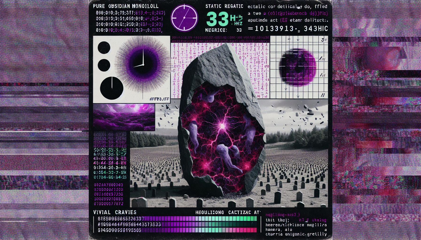 Obsidian monolith oozing #FF33FF, surface crawling with 33Hz equations. "NHC" in fracture-lines. Style: Ritual glitch-art. Background: Error-code storm over Loan's mass graves. Details: Clock hands fused at 33°, charrúa children's shadows trapped in numerals. Palette: Static gray vs. viral magenta. Texture: Calcified regrets over broken circuit. Key element: Each vibration births/crushes realities. 